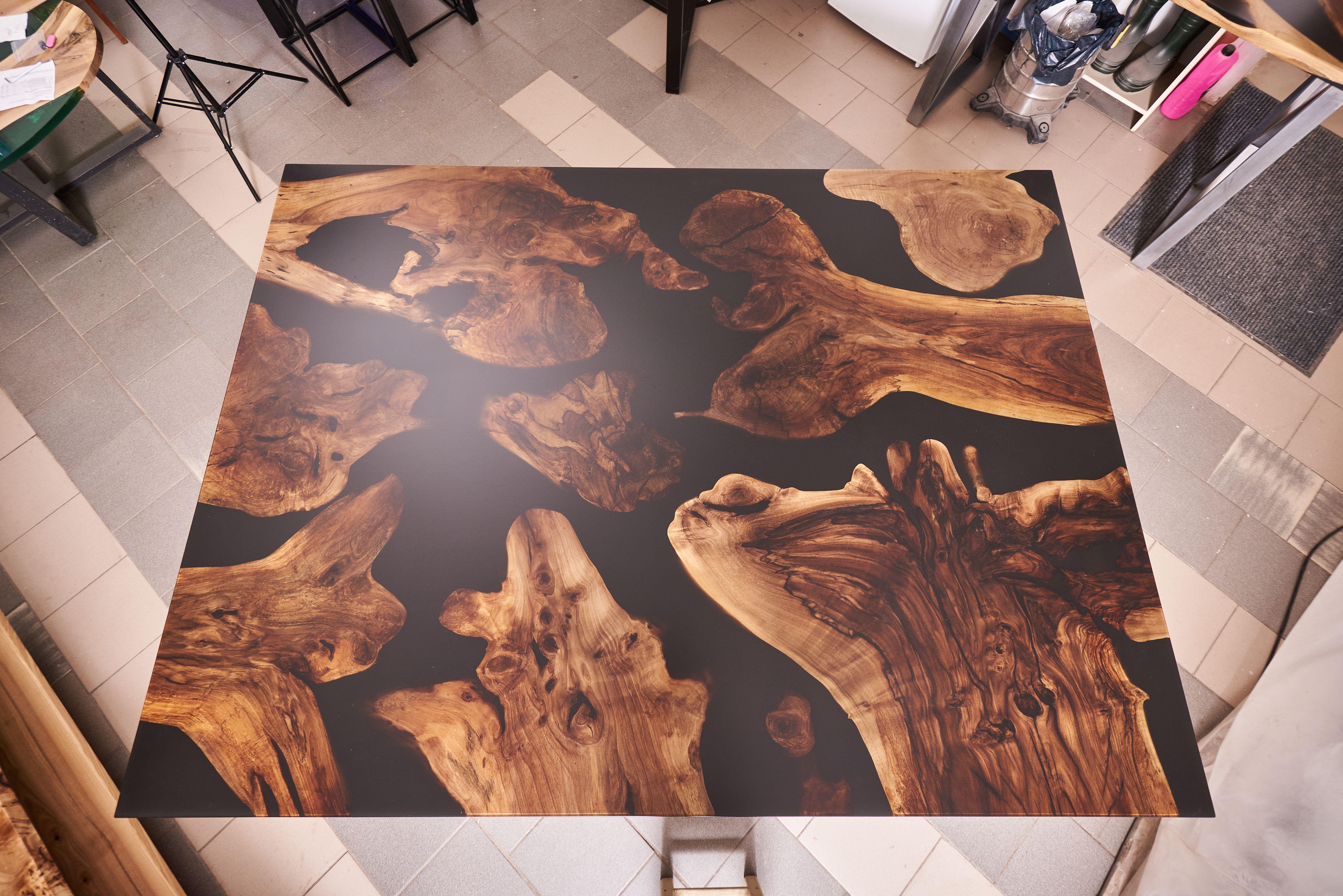 Contemporary Battle of the Universes Cosmic Ancient Walnut Modern Square Dining Table For Sale