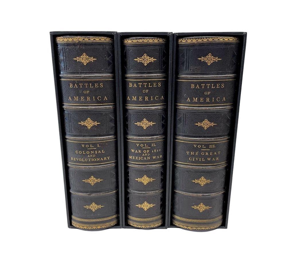 Tomes, Robert and John Laird Wilson. The Battles of America by Sea and Land. New York: Patterson & Neilson, 1878. Thick quarto three volume set. Original full leather boards, embossed decorative border and titles to the front, with raised bands,