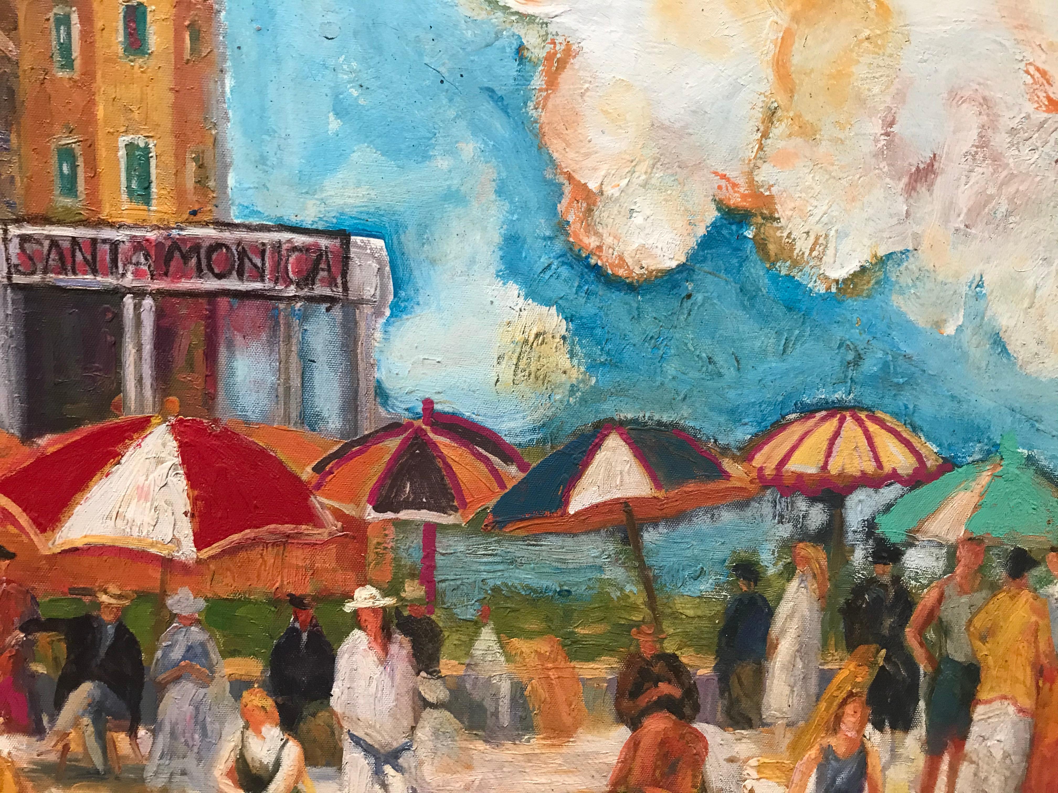 This artwork features an oil painting of the beach of Santa Monica. The artist depicts beachgoers and colorful sunshades on a cloudy day. The overall impression is joyful, like a Sunday get-together of family and friends. 

Dan Shupe was born in