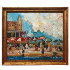 Neo-Expressionist Oil "The Beach at Santa Monica" by Dan Shube in Gold Frame