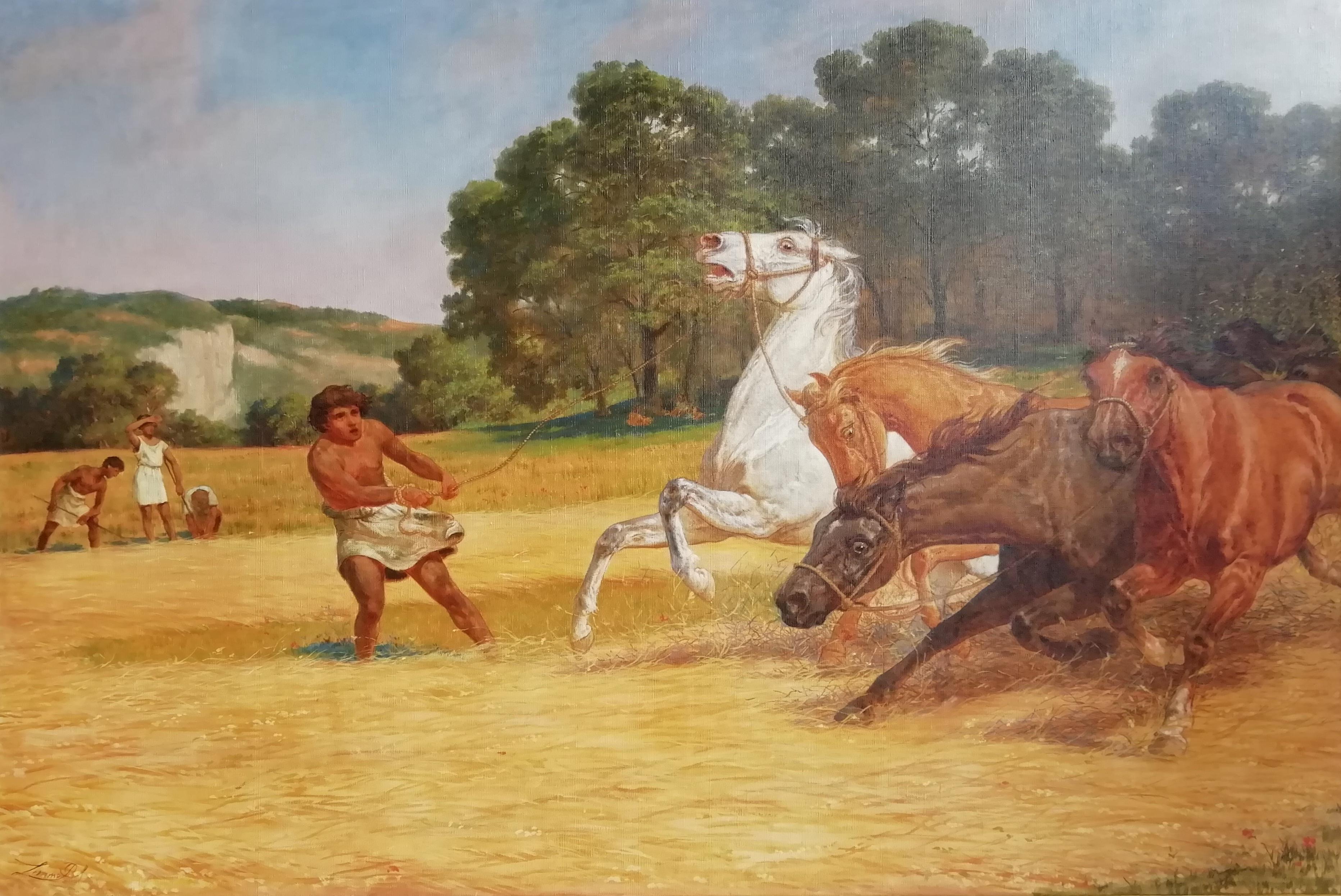 Lemmo Rossi Scotti (Perugia 1848-Roma 1926)
The beating of hay in the golden age
Signed lower left: Lemmo R S

Lemmo Rossi-Scotti, count of Montepetriolo, one of the most prolific 19th century painters of battles, was the son of Gaspare, who had