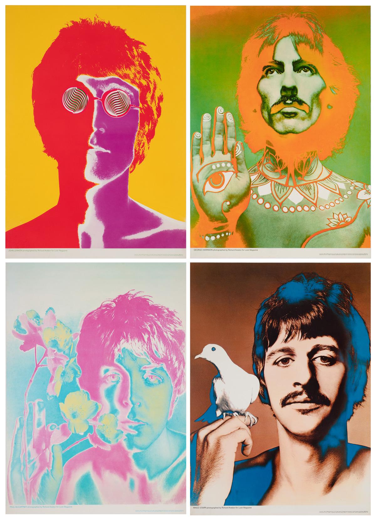 Wir bewundern diese kultigen und psychedelischen Vintage-Poster von Richard Avedon von den Beatles für das Look Magazine.

1967, auf dem Höhepunkt der Flower-Power-Ära, traf sich der berühmte amerikanische Mode- und Porträtfotograf Richard Avedon