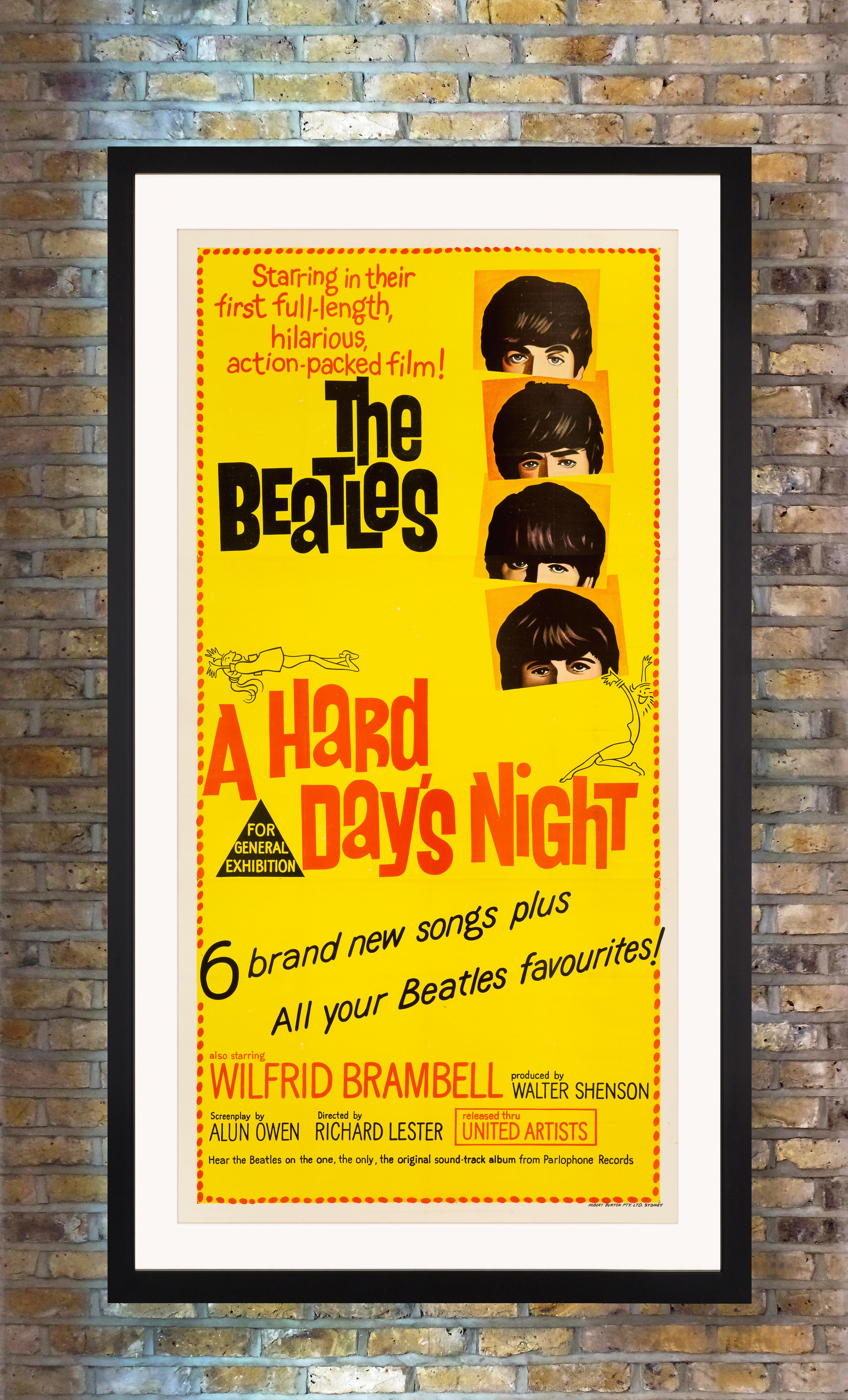Stampato in una splendida litografia su pietra, questo rarissimo poster australiano a tre fogli pubblicizzava il primo lungometraggio dei The Beatles, 