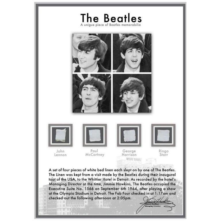 Ein einzigartiges Set von Beatles-Memorabilien

Ein Satz von vier Stücken weißer Bettwäsche (ca. 1/2cm x 1/2cm), auf denen jeweils einer der Beatles geschlafen hat. 

Die Wäsche wurde von einem Besuch der Beatles im Whittier Hotel in Detroit