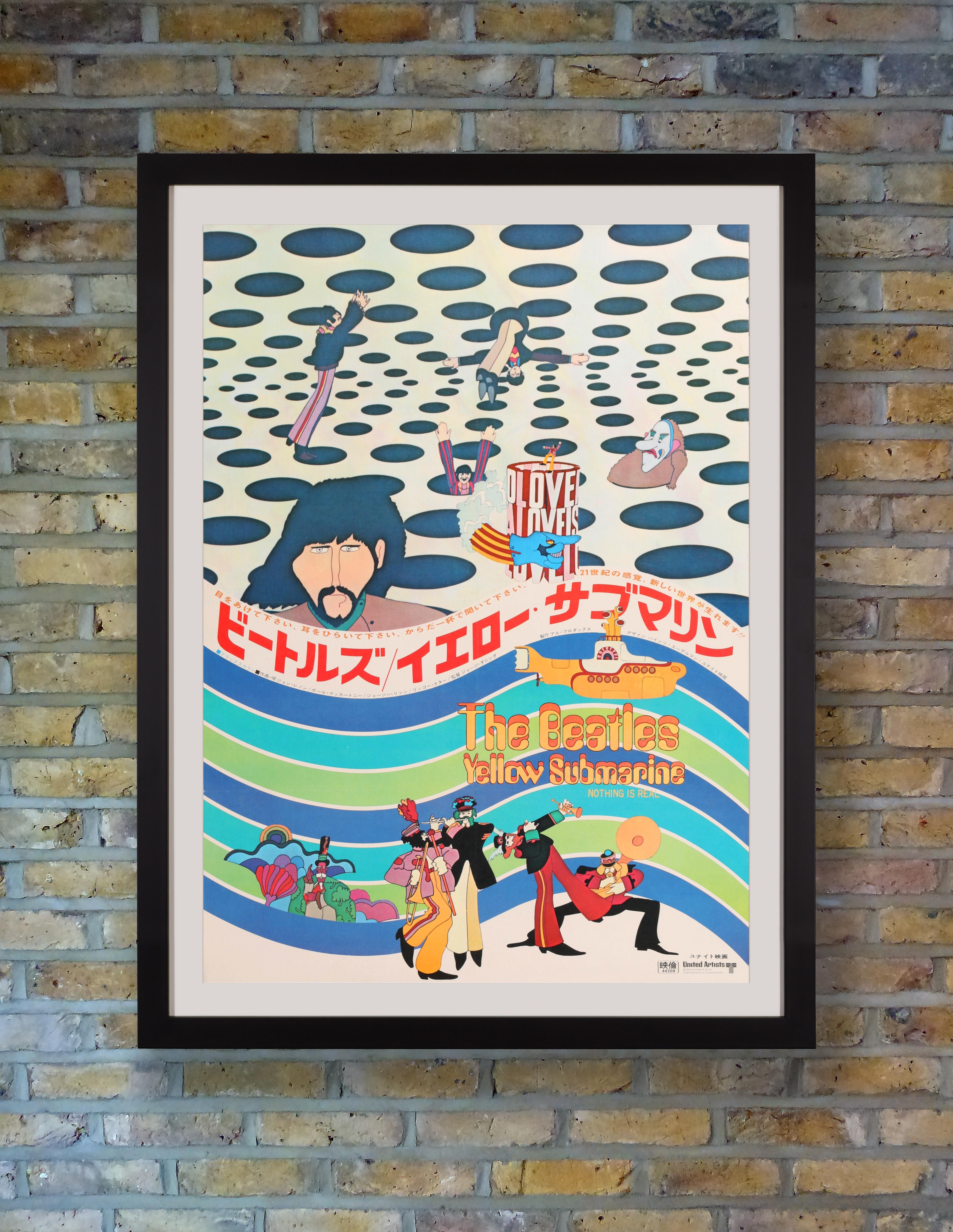 This fantastically bizarre Japanese B2 poster offers some of the best artwork created to promote The Beatles 1968 hit psychedelic musical animation 'Yellow Submarine,' with its optical illusions, lush visuals and colorful characters. Directed by