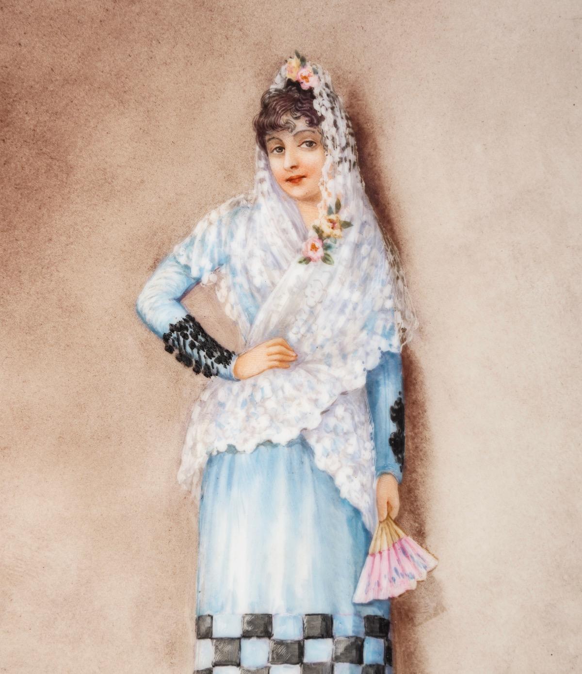 The Beautiful Andalusian , A French Hand Painted Porcelain Plaque c.1900 In Excellent Condition For Sale In Saint-Ouen, FR