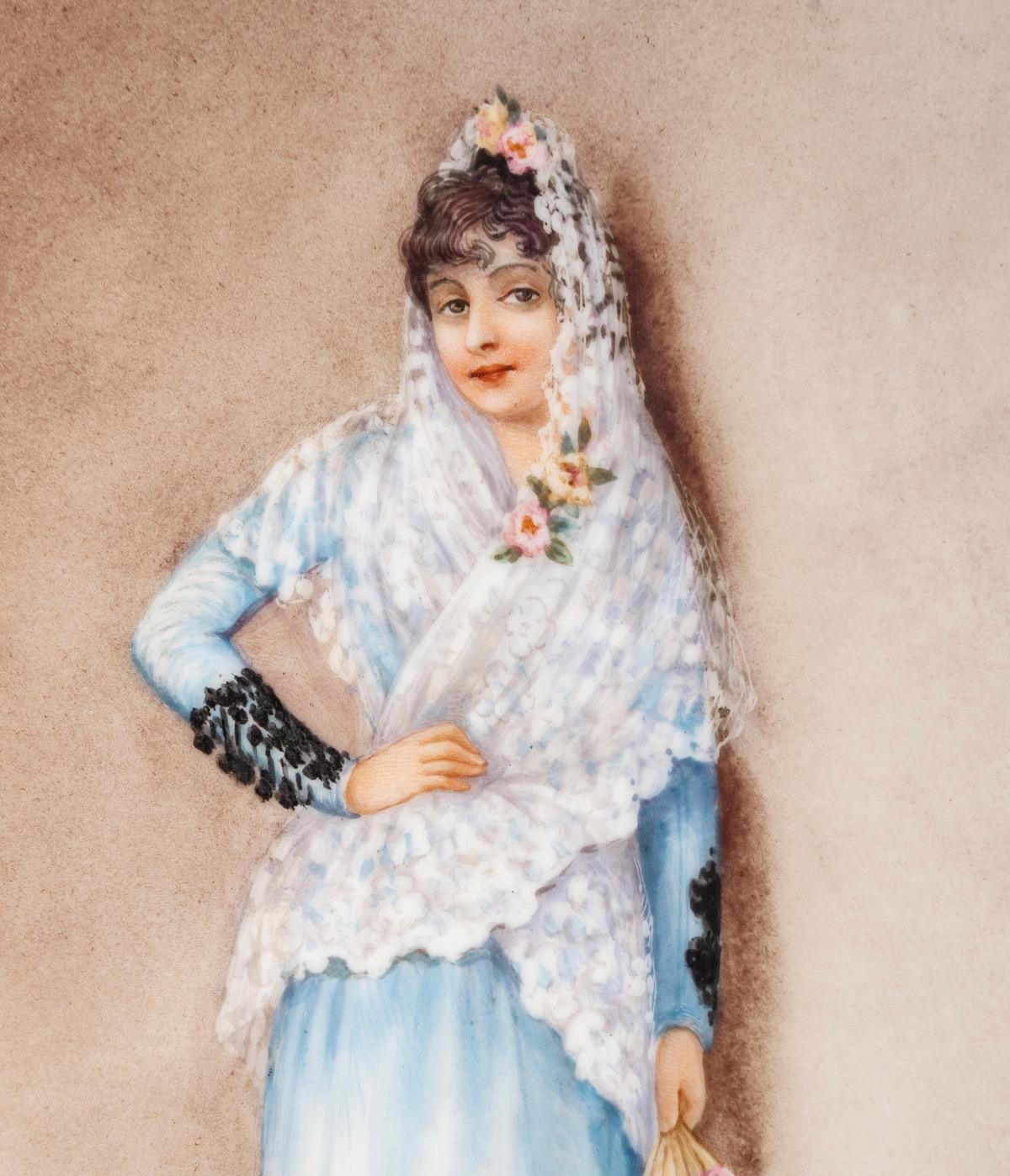 Late 19th Century The Beautiful Andalusian , A French Hand Painted Porcelain Plaque c.1900 For Sale