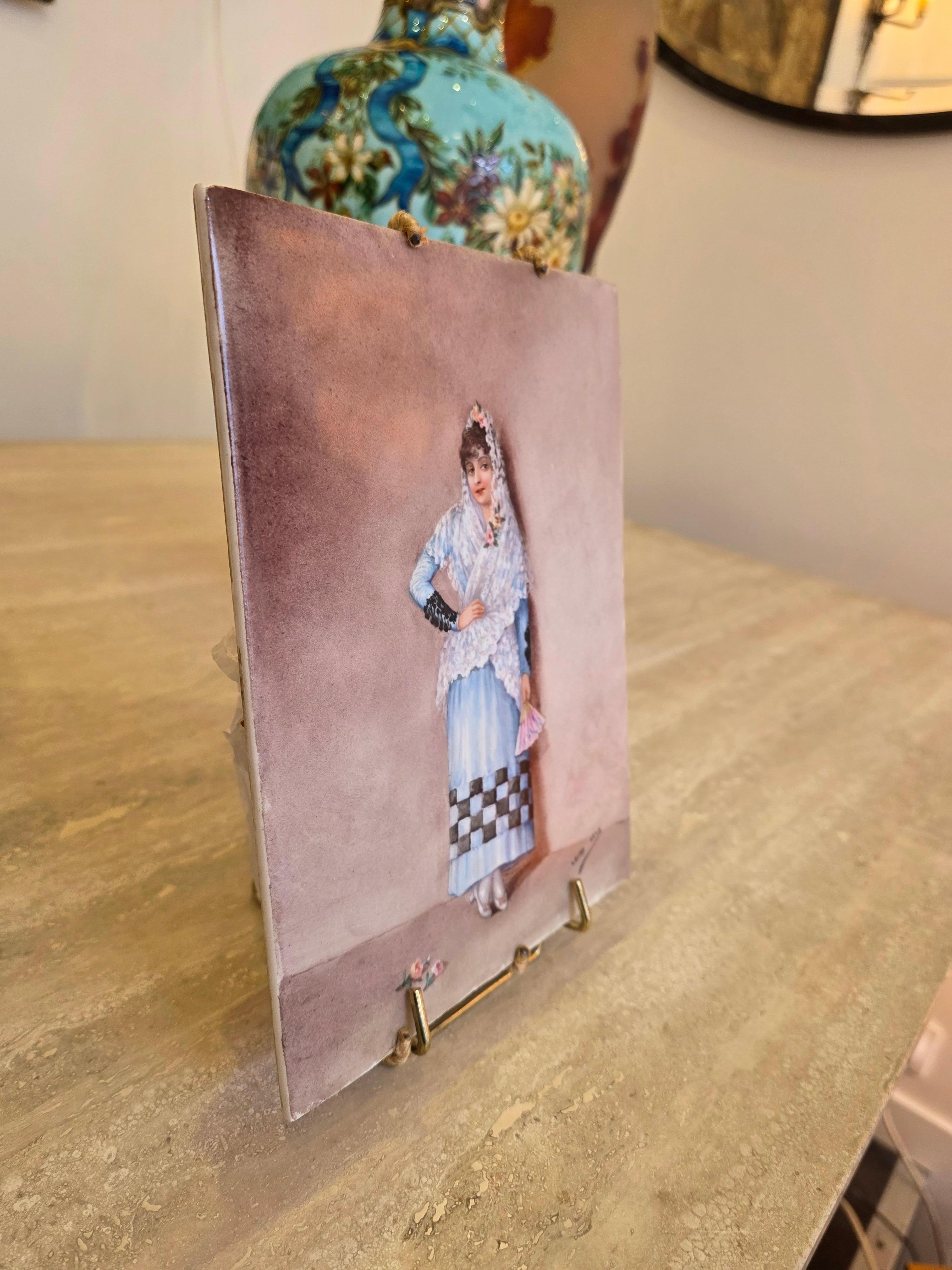 Hand-Painted The Beautiful Andalusian , A French Hand Painted Porcelain Plaque c.1900 For Sale