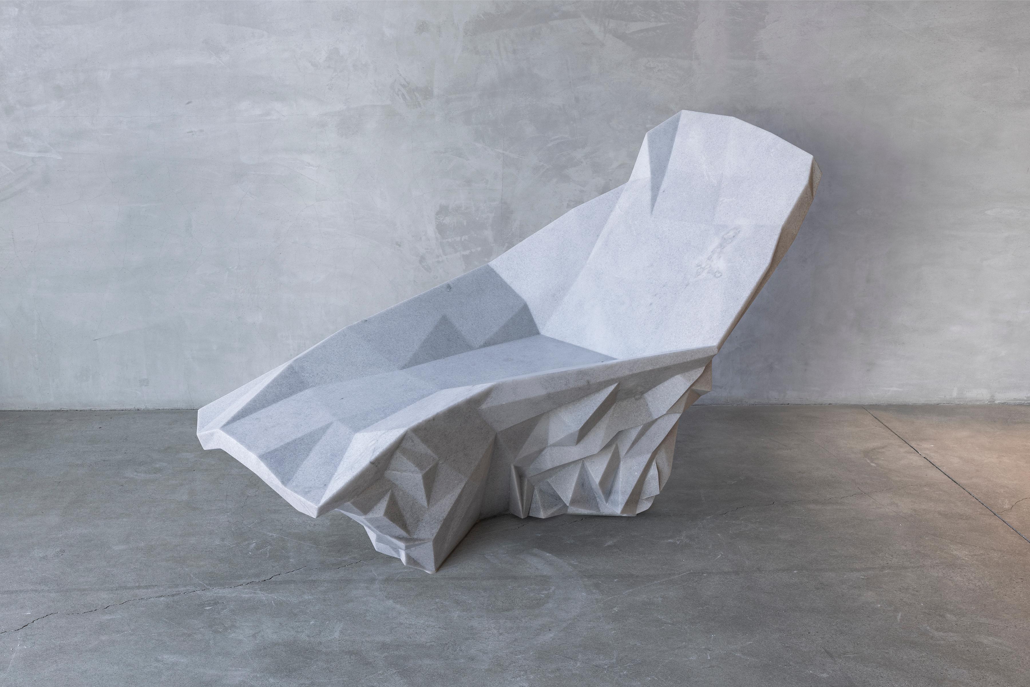 The Berg Chair by William Emmerson
Limited Edition Of 2 Pieces.
Dimensions: D 36,5 x W 66,5 x H 39 cm.
Materials: Naxos marble.
 
A shape. A floating mass of white marble turned into a piece of functional sculpture representing the beauty behind