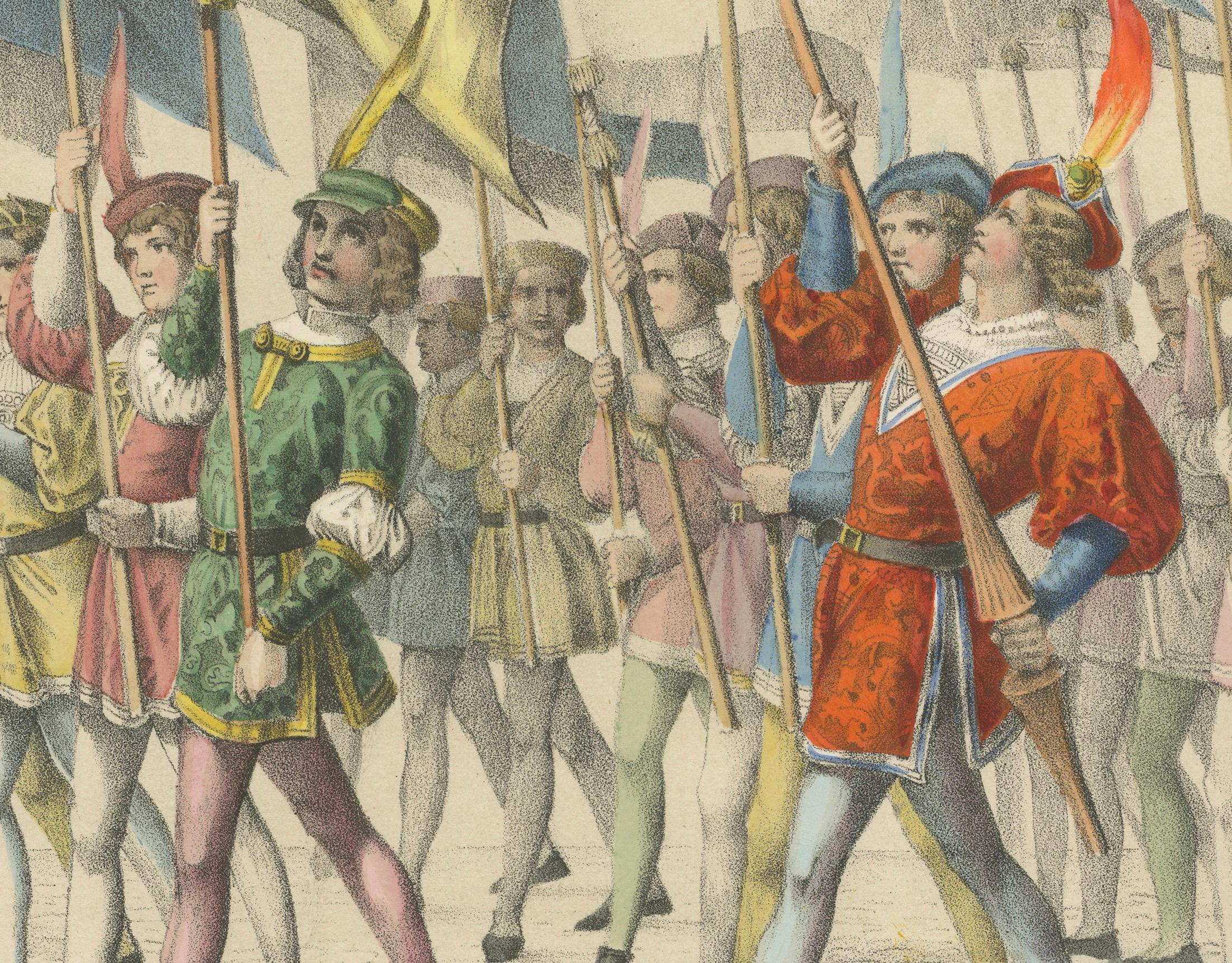 Die Berner Jugend beim Tragen der Prozessionsfahnen: Eine Feier zum Schweizer Kulturerbe  

Diese auffällige handkolorierte Lithografie ist Teil des Festalbums zum Eintritt Berns in die Eidgenossenschaft am 6. März 1353. Das 1855 in Bern und Zürich