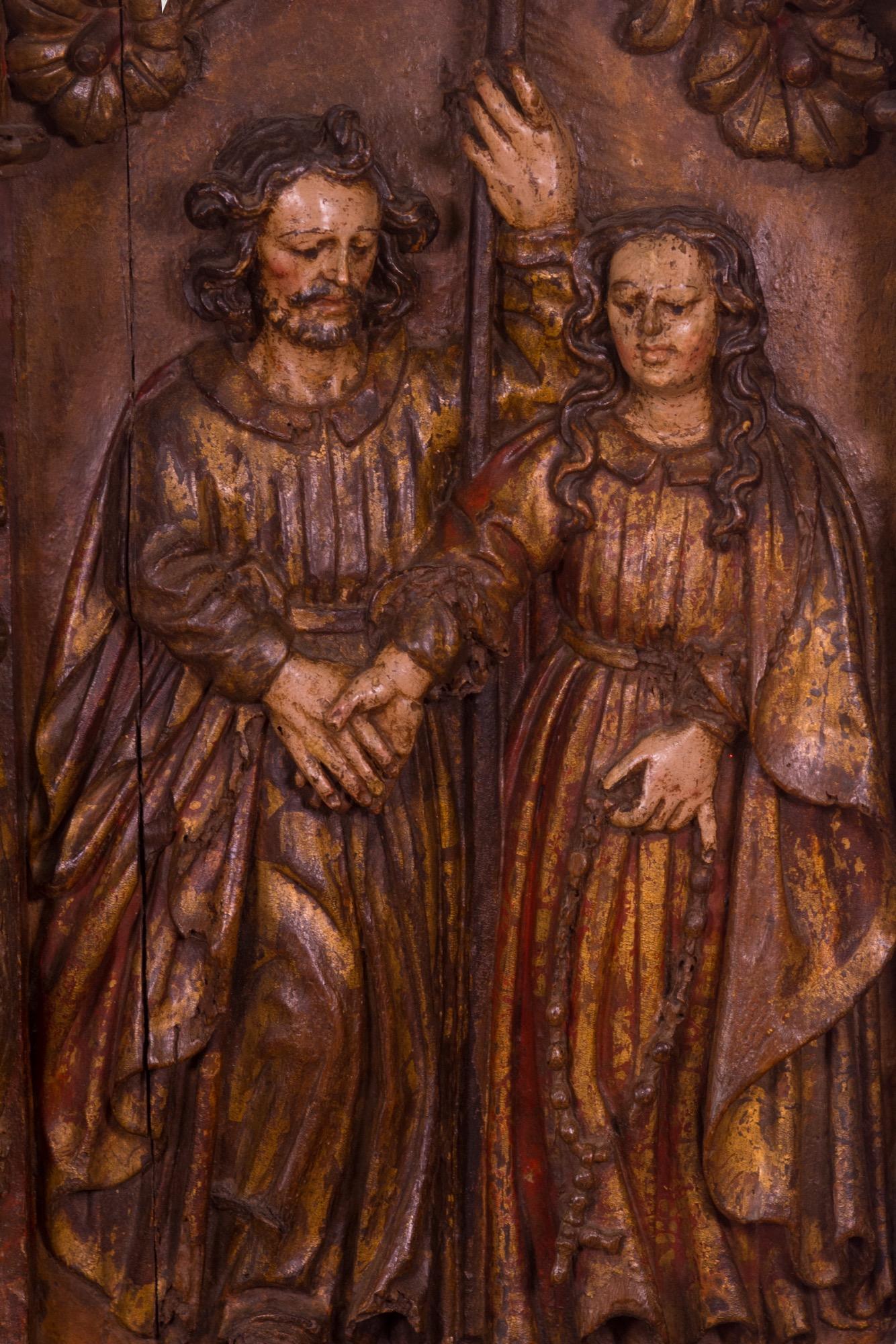 Spanish The Betrothal and Love of Mary and Joseph, 1500-1600s, Carved Wood Polychromed For Sale