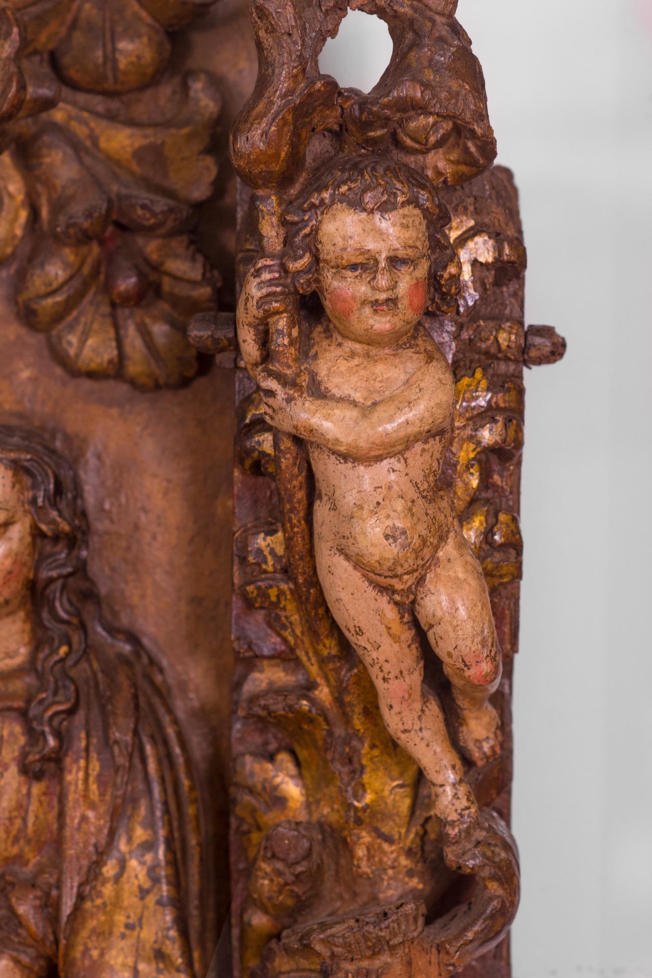 Gilt The Betrothal and Love of Mary and Joseph, 1500-1600s, Carved Wood Polychromed For Sale