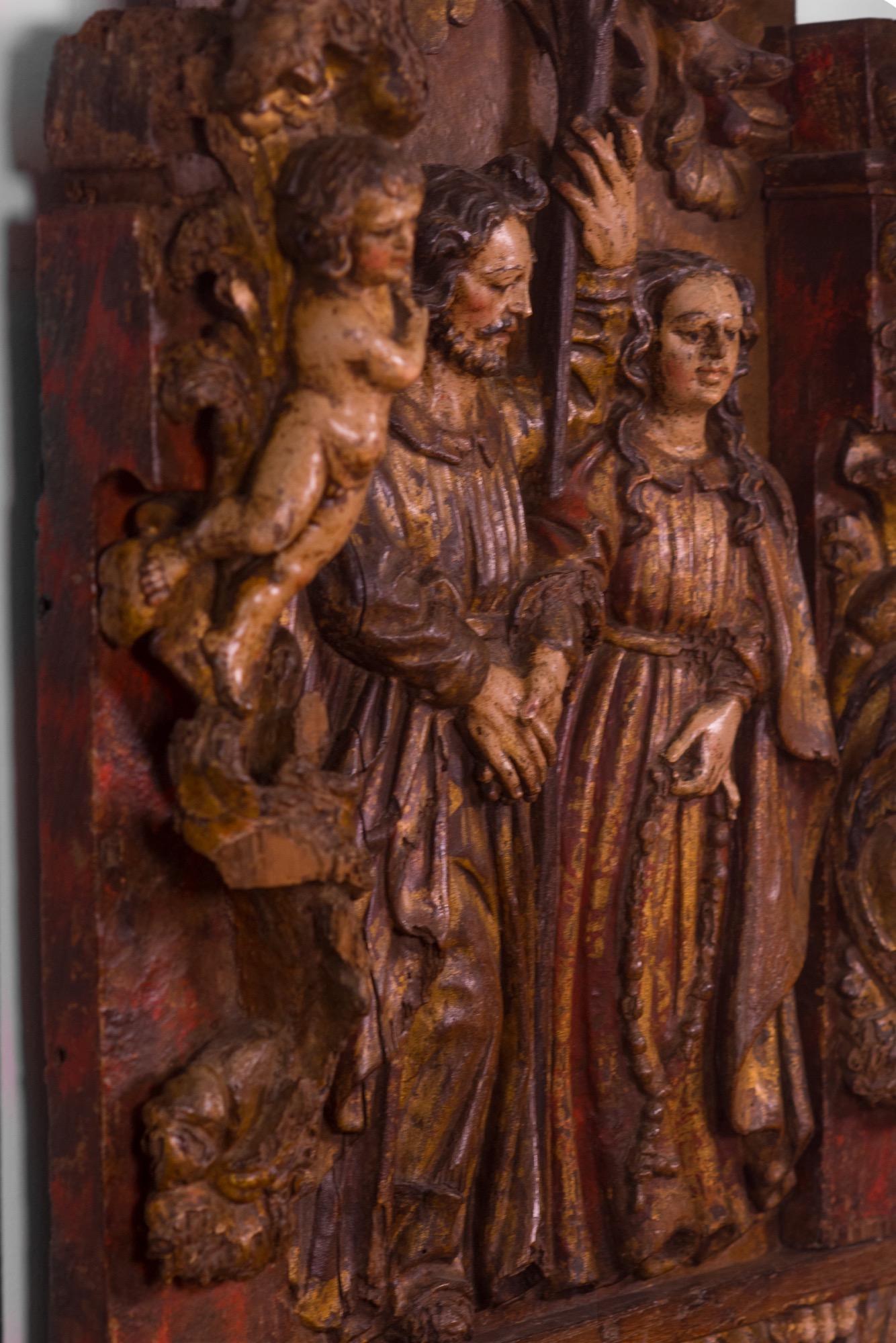 The Betrothal and Love of Mary and Joseph, 1500-1600s, Carved Wood Polychromed In Distressed Condition For Sale In North Miami, FL