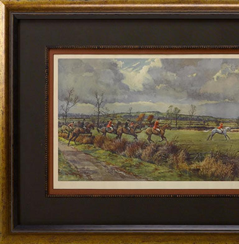 Presented is an original fox hunting print signed by the artist, Frank Algernon Stewart (1877-1945). This print depicts one of England’s most famous fox hunting events, the Bicester and Warden Hill Hunt. The scene depicts six men on horseback