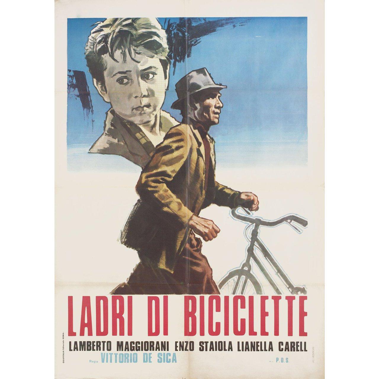 Original 1958 re-release Italian due fogli poster for the 1948 film The Bicycle Thief (Ladri di biciclette) directed by Vittorio De Sica with Lamberto Maggiorani / Enzo Staiola / Lianella Carell / Gino Saltamerenda. Very Good-Fine condition, folded.