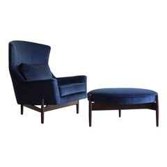 The Big Chair and Ottoman by Jens Risom in Navy Blue Velvet, C. 1950s