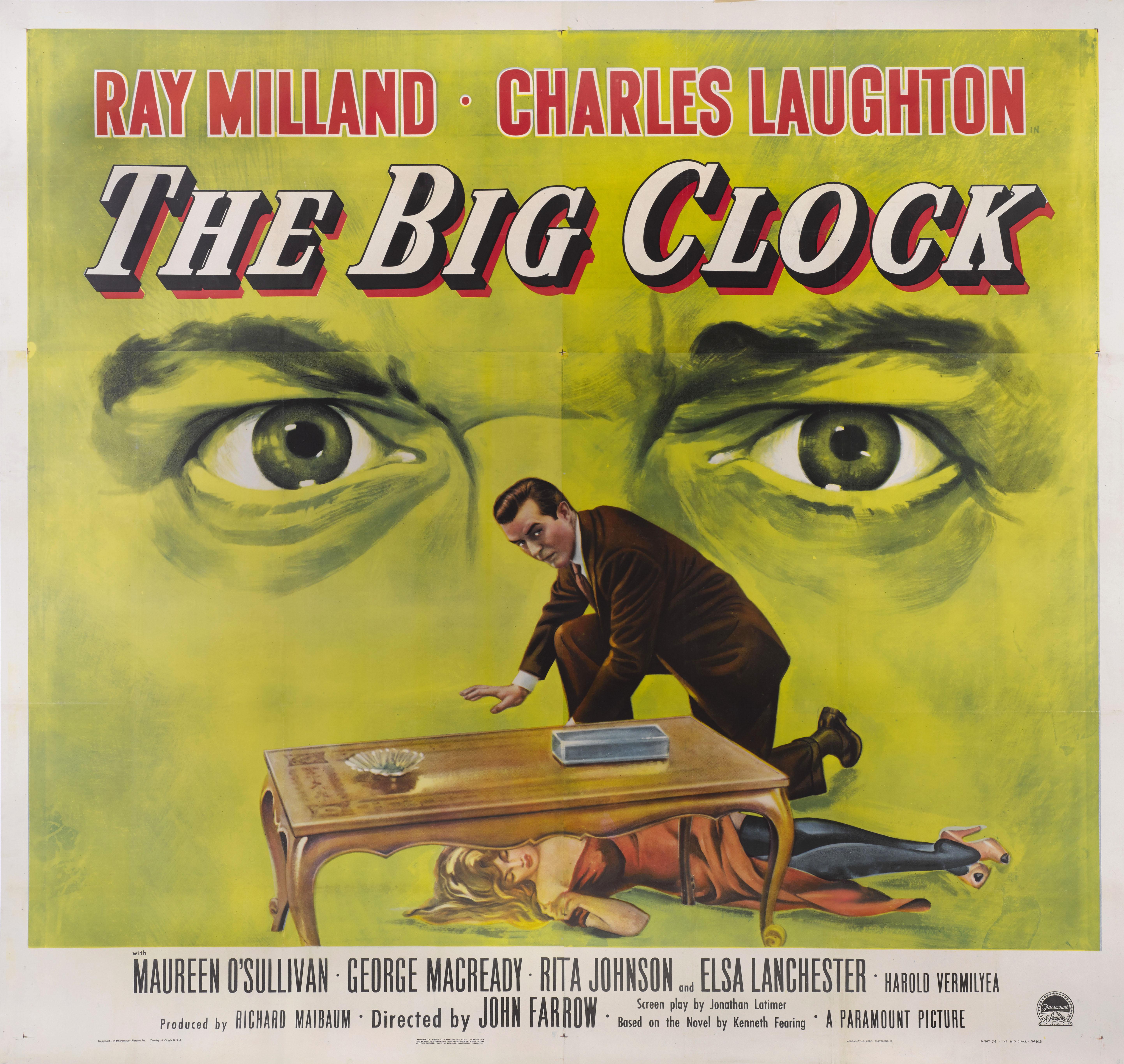 Original American film poster for the 1948 Film Noir The Big Clock.
This exceptionally rare poster was printed in 4 sheets and designed to be pasted onto billboards, therefore only unused examples survived. This film was directed by John