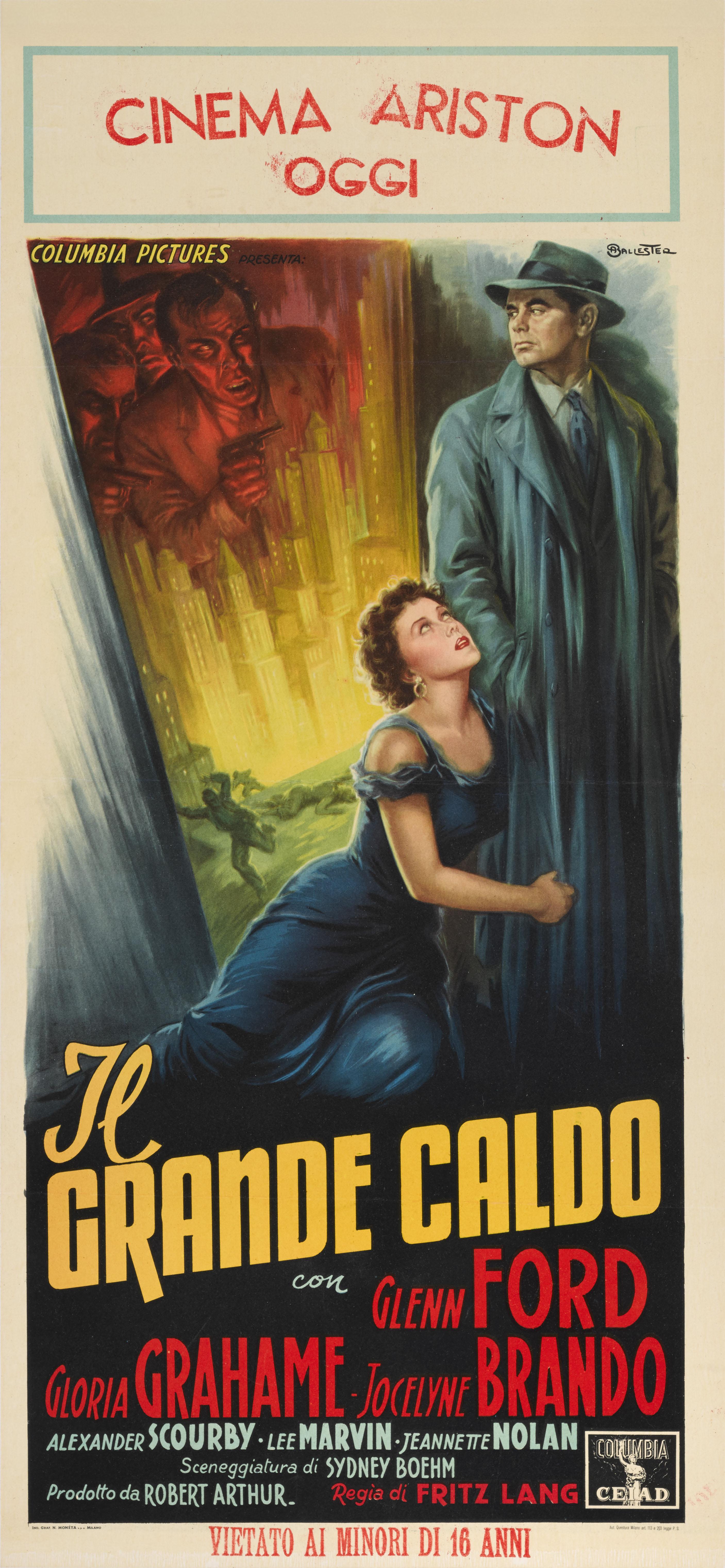 Original Italian film poster for Fritz Lang's 1953 Film Noir staring Glenn Ford and Gloria Grahame. The artwork on this poster was created one of the greatest Italian poster artists 
Anselmo Ballester (1897-1974) and used for the films first
