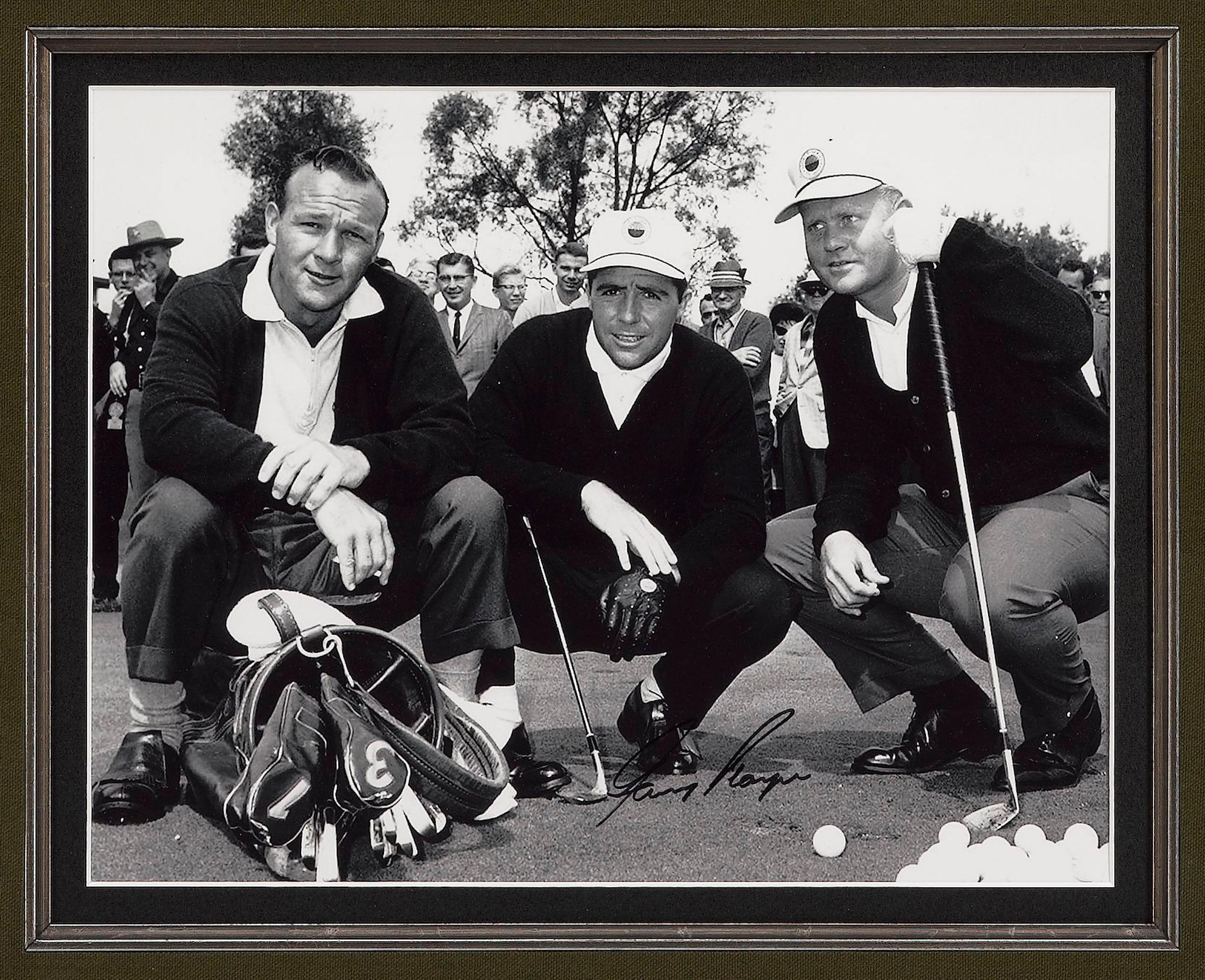 Collage de firmas de los tres grandes golfistas: Palmer, Nicklaus y Player Estadounidense en venta