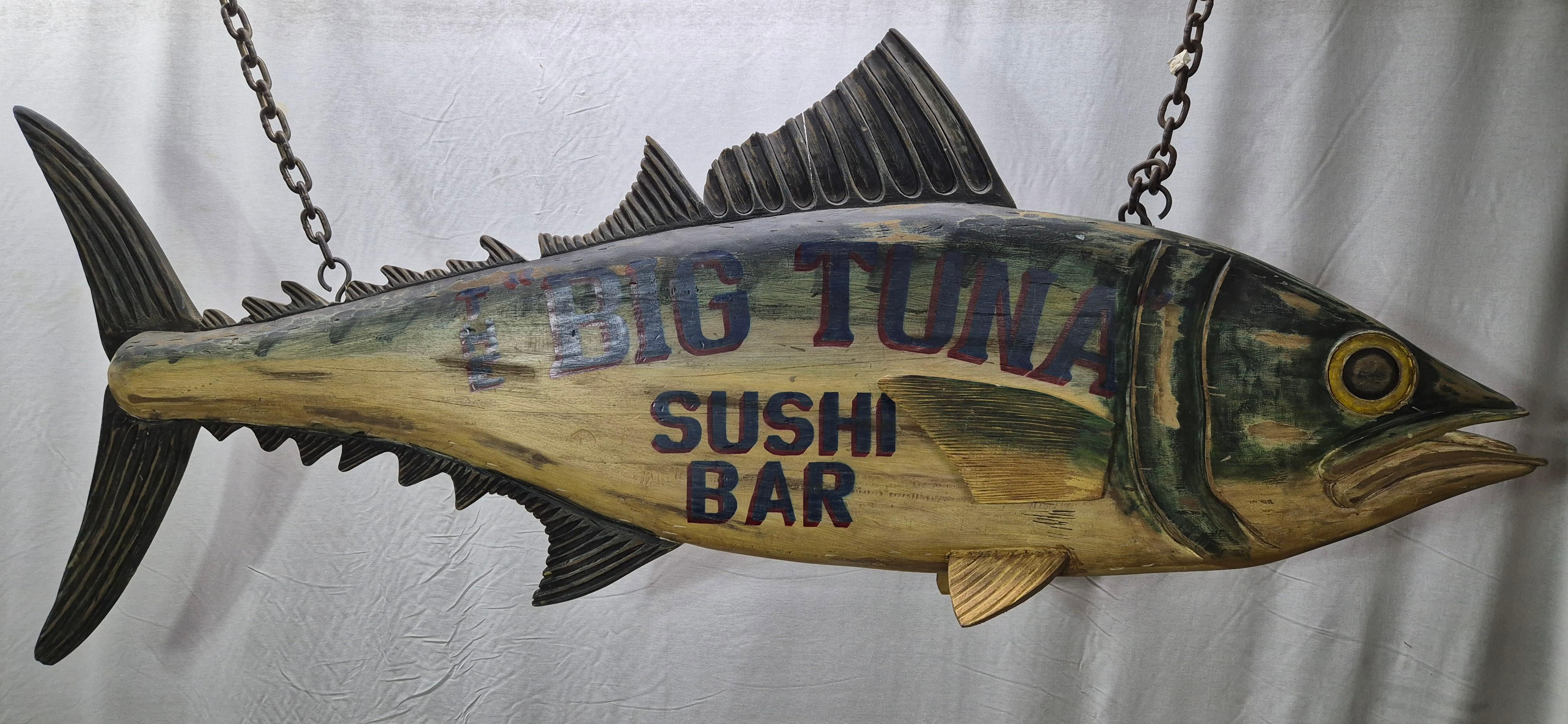 Letrero comercial de madera tallada de atún atlántico de seis pies con letras para el bar de sushi 