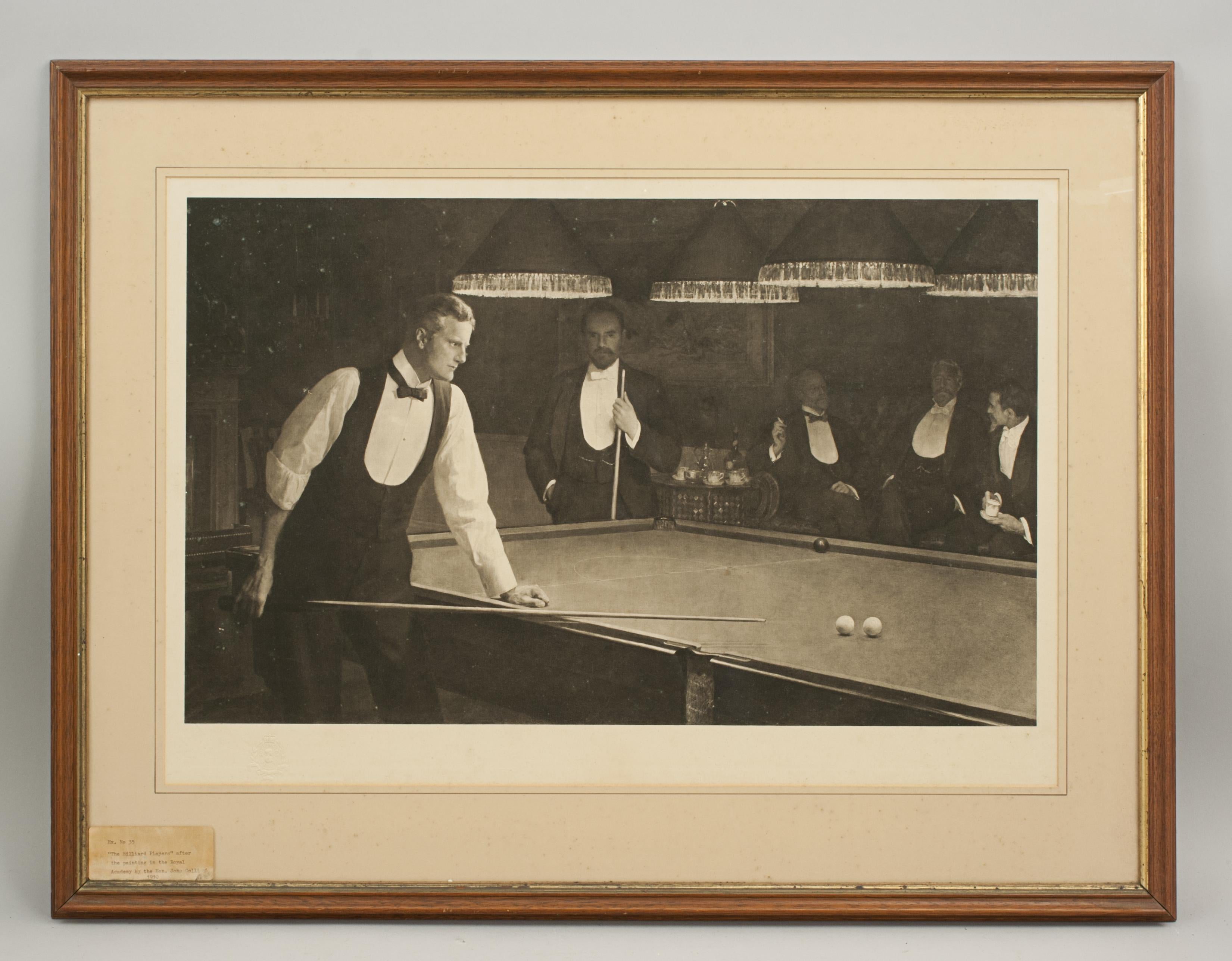 Billiard engraving, The Billiard Players.
An atmospheric billiard engraving 'The Billiard Players' after the original painting in the Royal Academy by the Hon. John Collier (1850 - 1934), a prominent London artist. The image shows two gentlemen
