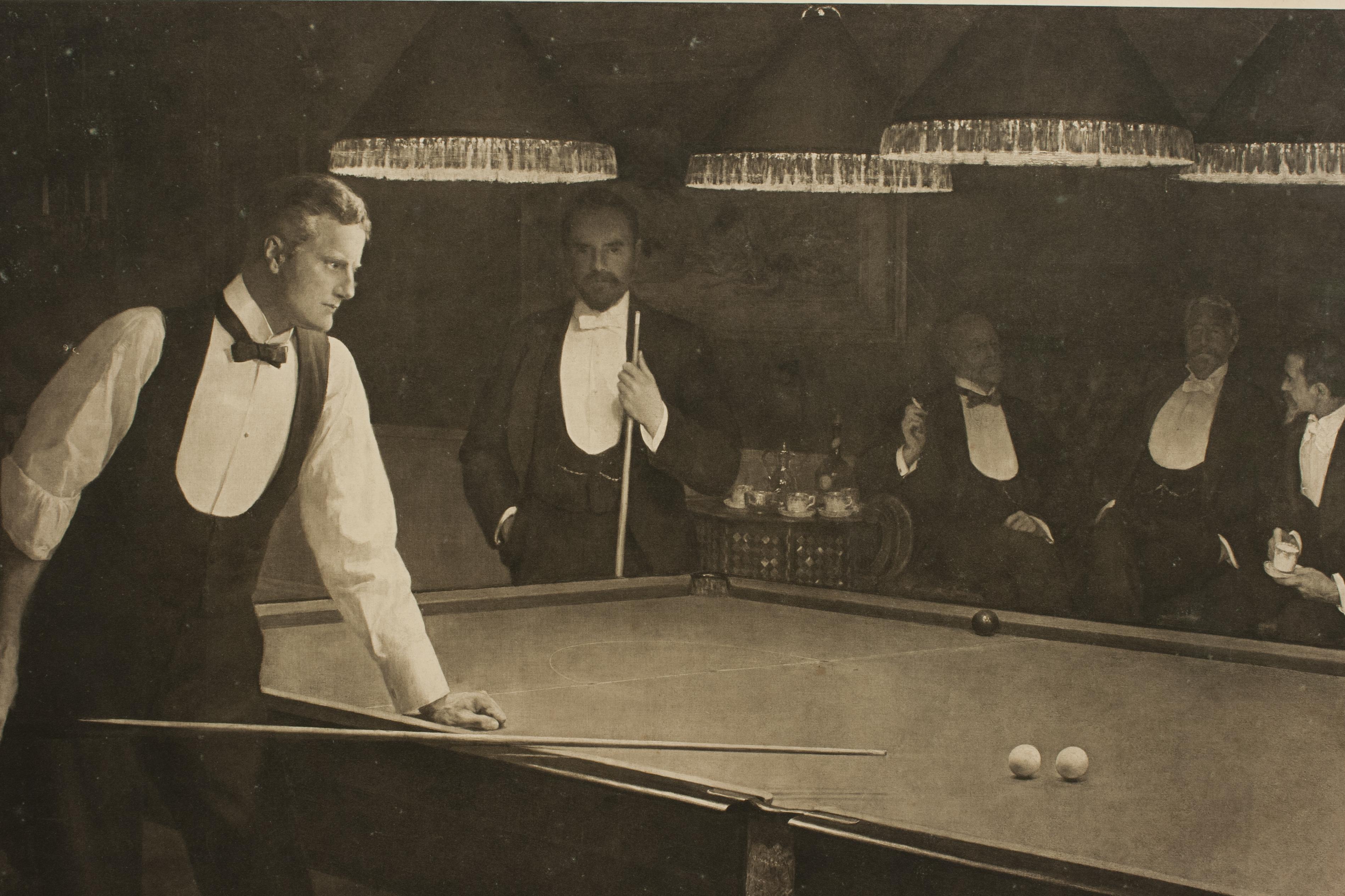 Anglais Les joueurs de billard, le billard, l'estampe de snooker d'après John Collier en vente
