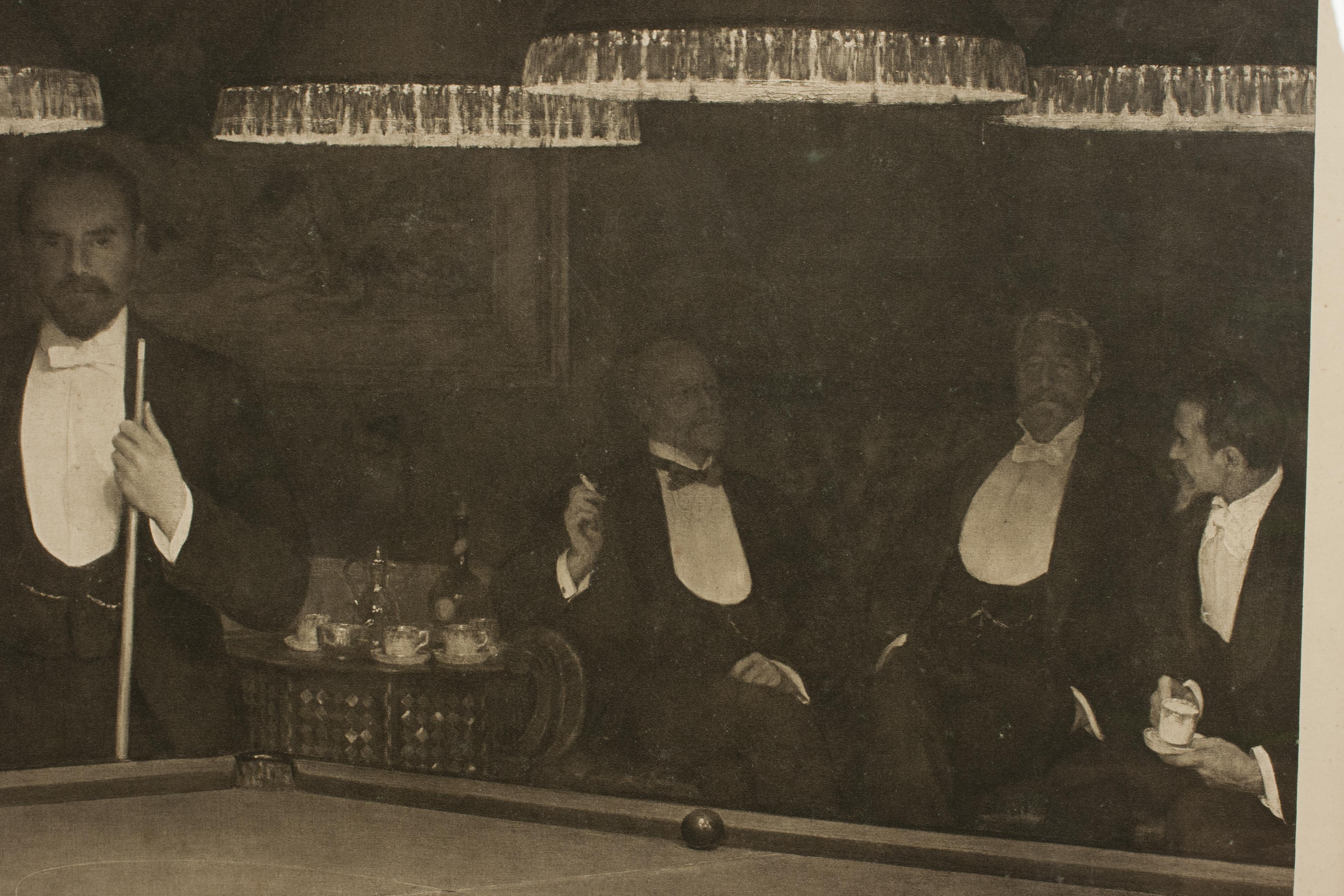 Début du 20ème siècle Les joueurs de billard, le billard, l'estampe de snooker d'après John Collier en vente