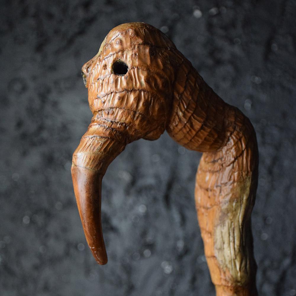 Early 20th century walking cane

We are proud to offer a highly unusual walking cane made from aged bamboo. This unique and artistic object has naturally taken the form of a bird. The creator of this fascinating object obviously saw the likeness