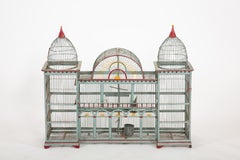 The Bird Palace: Late 19th Century Bird Cage Painted Grey with Red Accents