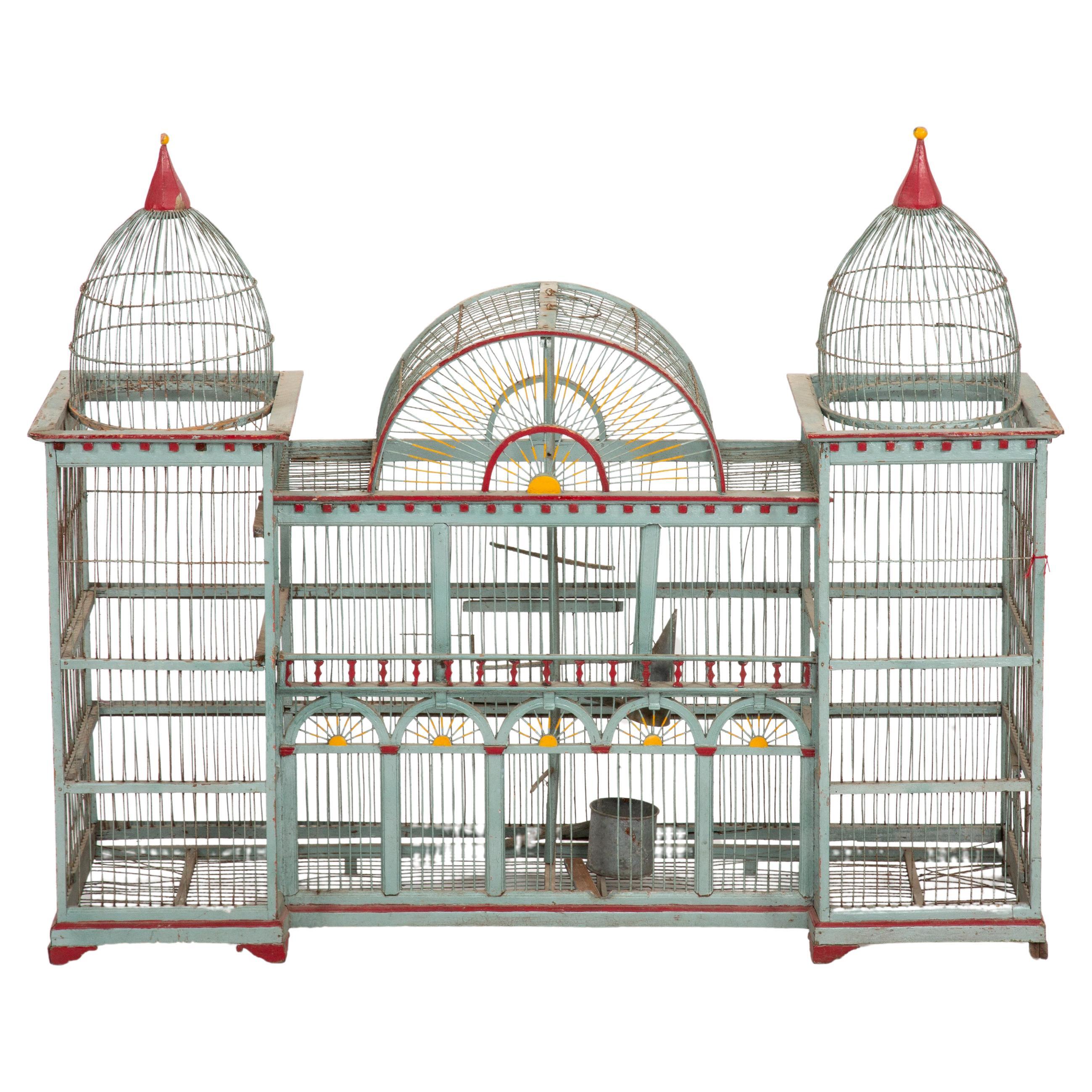 The Bird Palace: Late 19th Century Bird Cage Painted Grey with Red Accents en venta