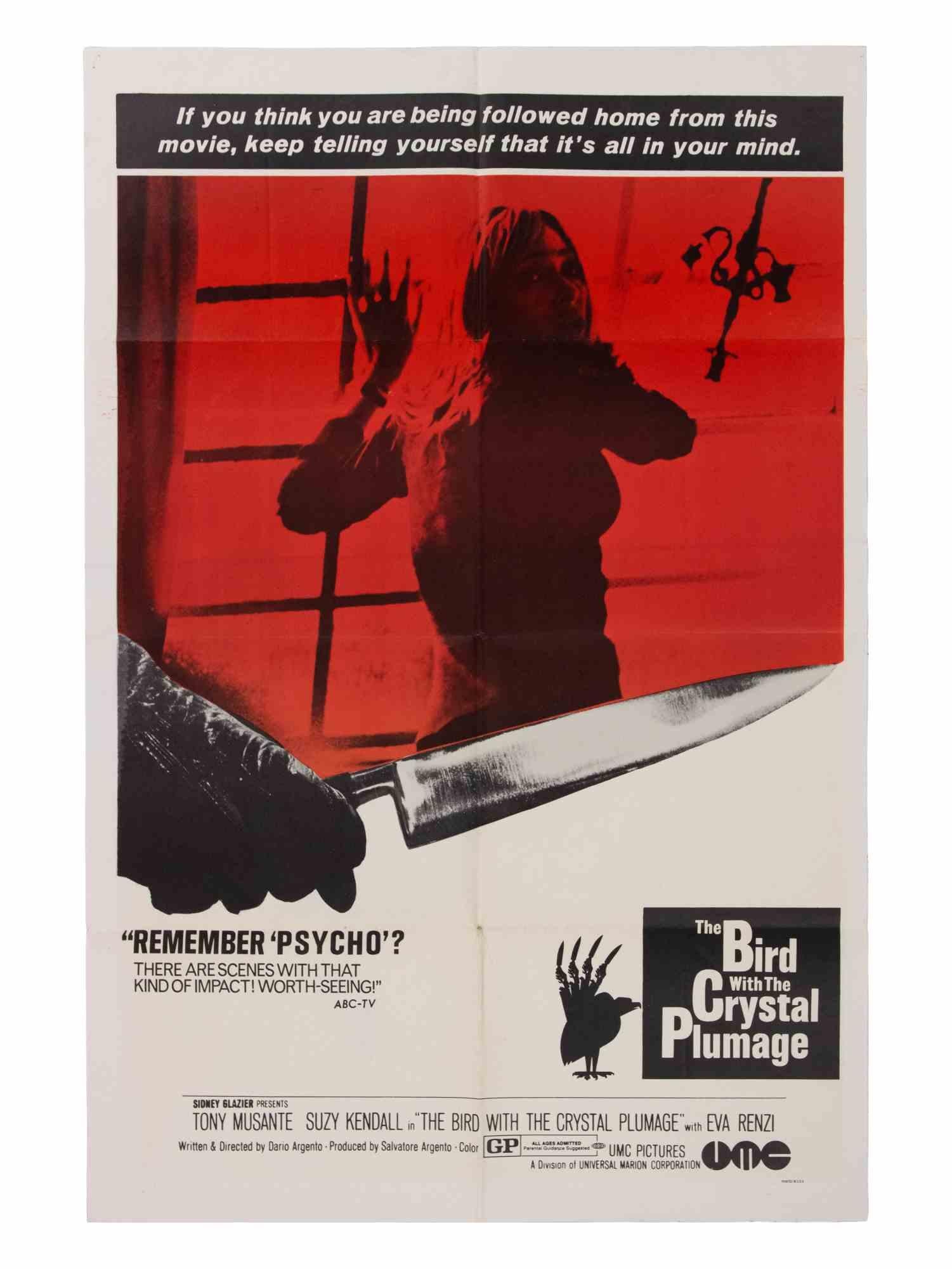 U.S. One-Sheet (27 × 41 in.), UMC Pictures.
Regie: Dario Argento, in den Hauptrollen Tony Musante, Suzy Kendall, Eva Renzi. Amerikanisches Veröffentlichungsplakat mit starkem fotografischen Messer-und-Frau-Motiv, beworben als 
