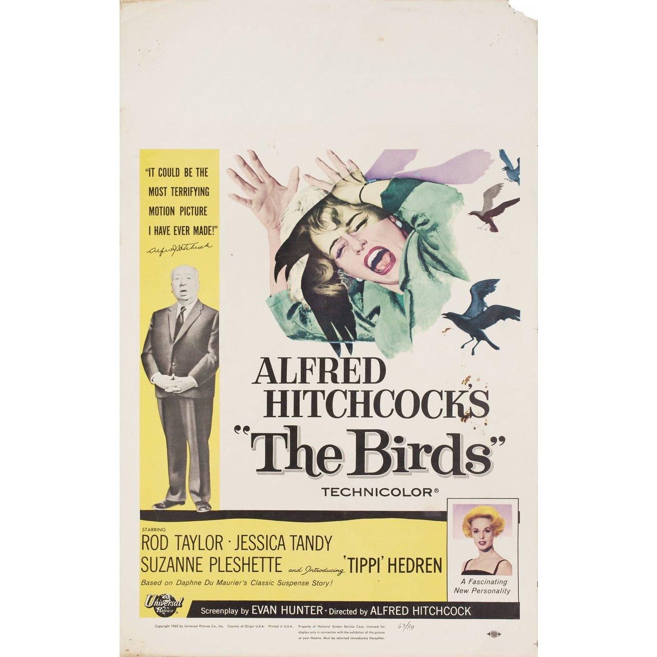 Original 1963 U.S. window card poster for the film The Birds directed by Alfred Hitchcock with Tippi Hedren / Suzanne Pleshette / Rod Taylor / Jessica Tandy. Very Good-Fine condition, rolled with small stains. Please note: the size is stated in