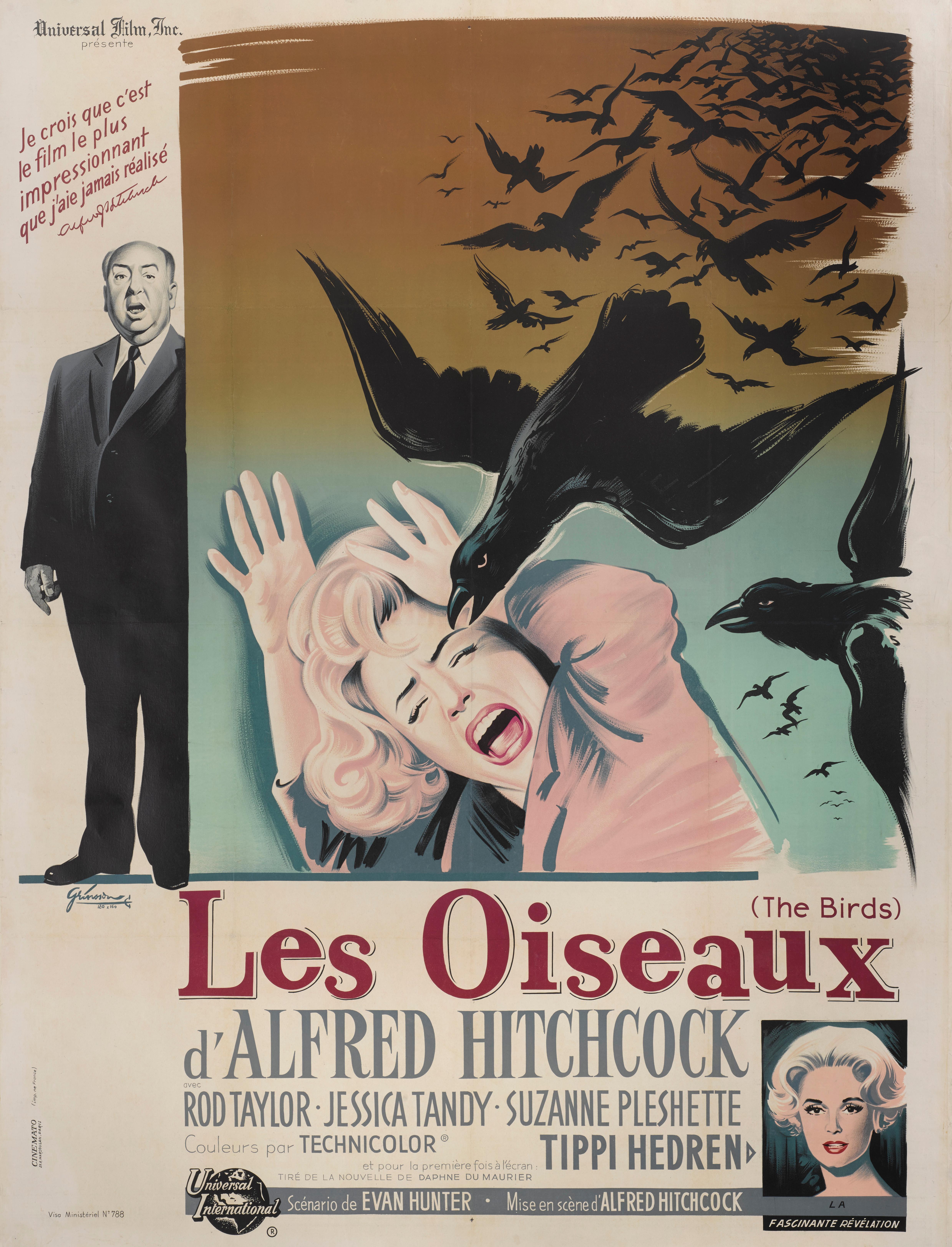 Original French film poster for Alfred Hitchcock's The Birds 1963
Starring Tippi Hedren. The artwork on this poster is by the renowned French poster designer Boris Grinsson (1907-1999). The poster is conservation linen backed and would be shipped