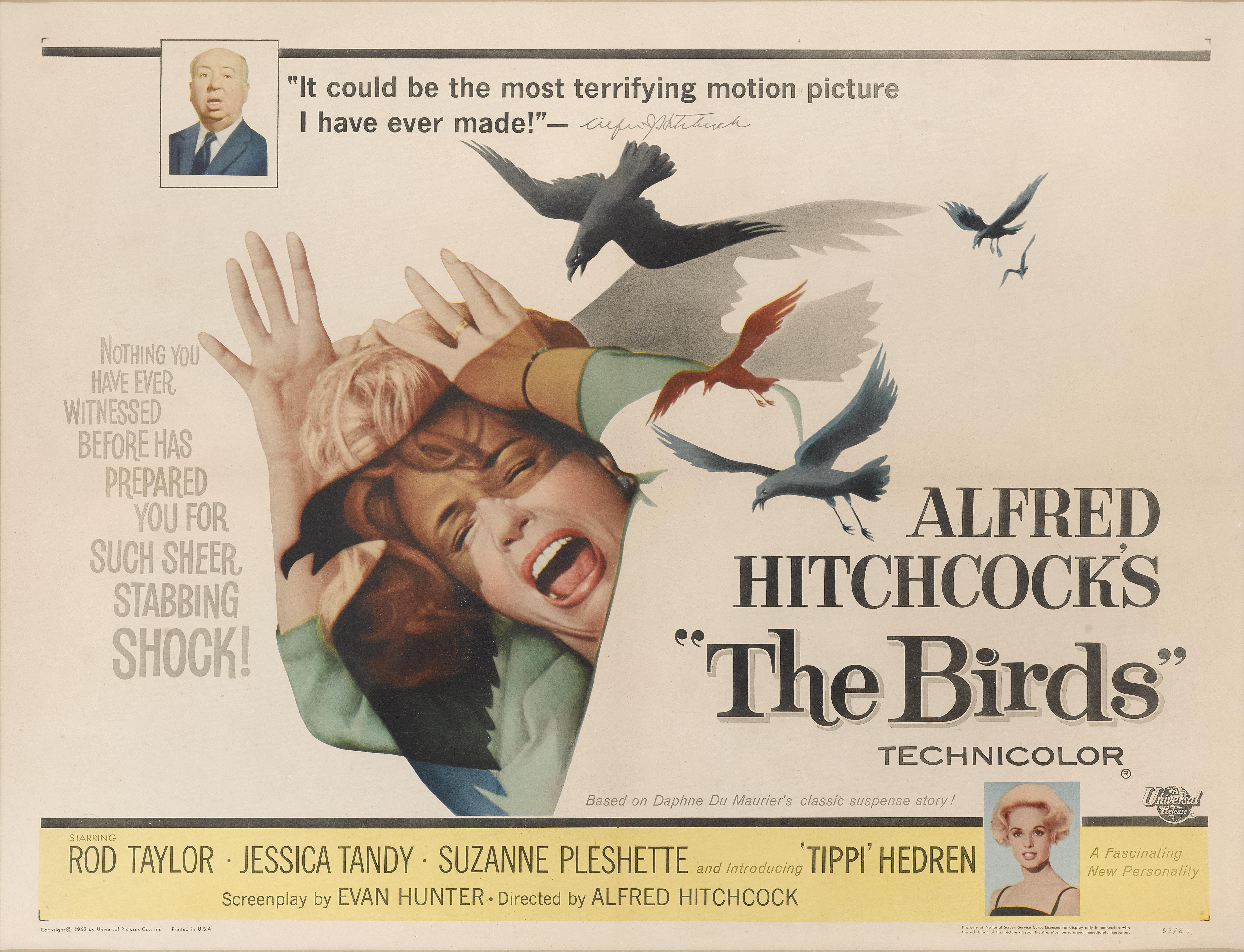 Original US-Filmplakat für Alfred Hitchcocks Horror- und Spannungsfilm von 1963
Die Vögel. In diesem Film spielten Tippi Hedren und Rod Taylor die Hauptrollen.
Dieses Plakat ist ungefaltet und konserviert Papier zurück und würde flach in einem