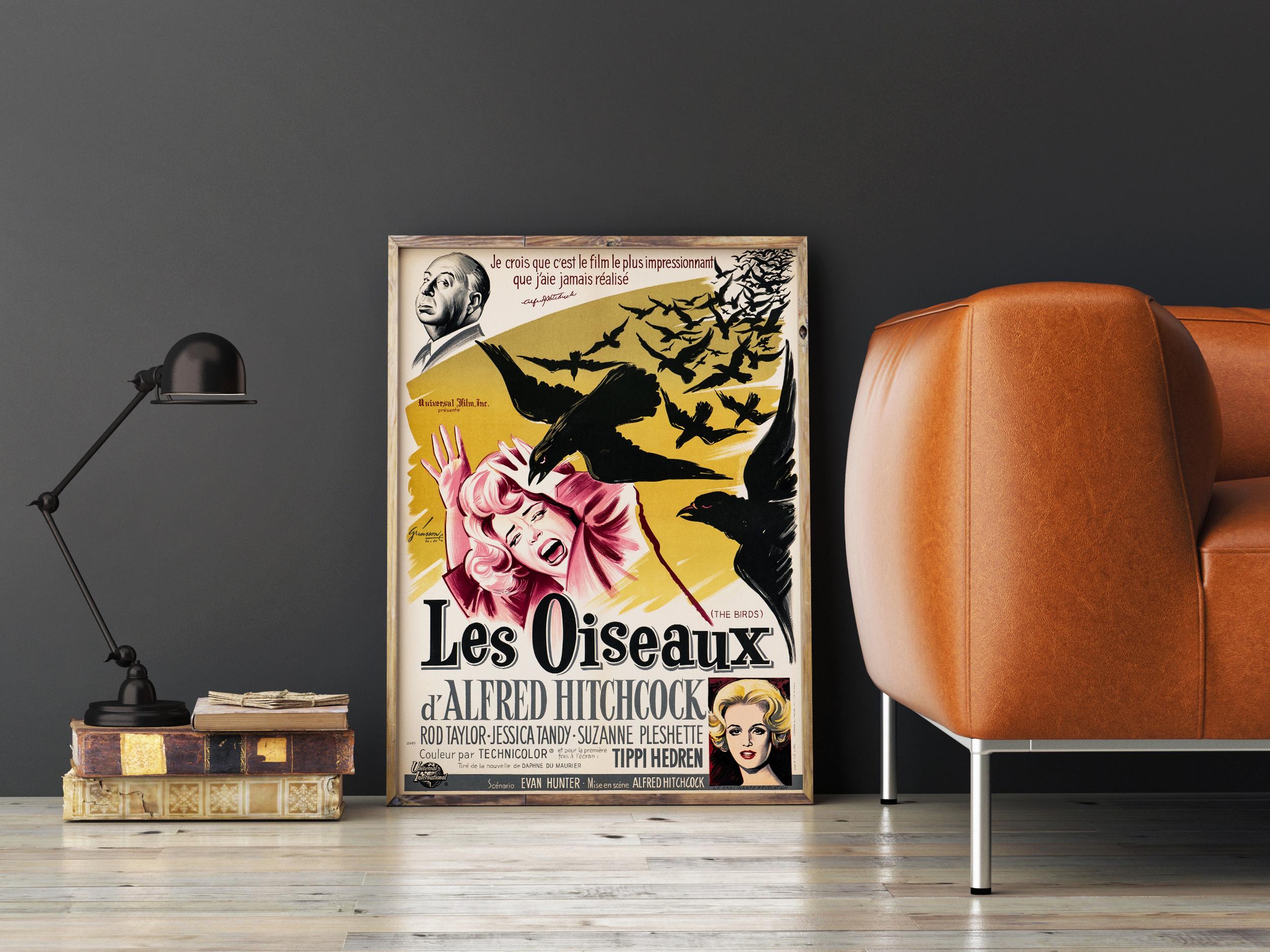 Mid-Century moderno Poster cinematografico originale di 'The Birds' di Boris Grinsson, francese, 1963 in vendita