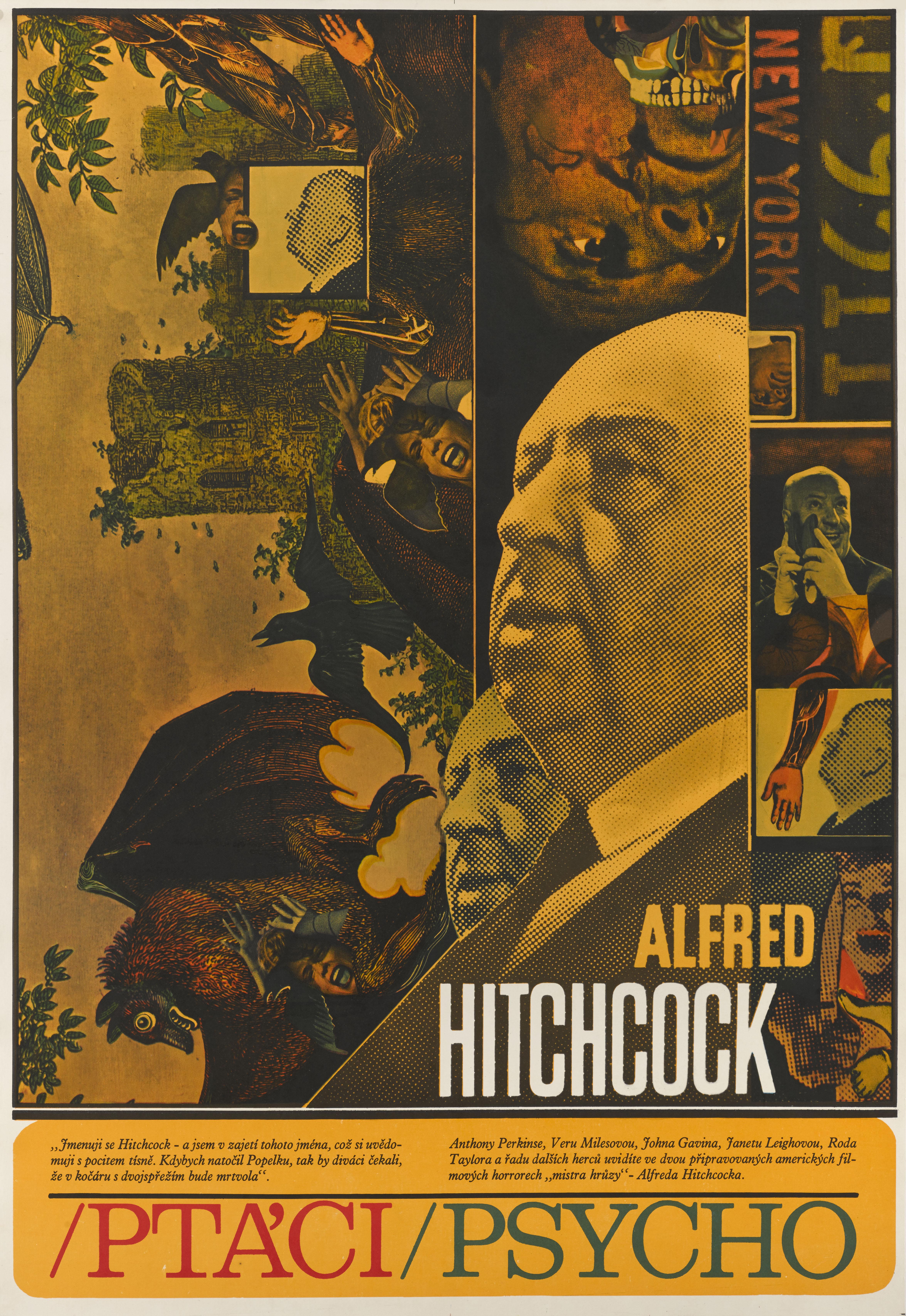 Original Czechoslovakian film poster for the double bill release of The Birds and Psycho.
This poster was used for the showing of these two classic Hitchcock films in 1970.
The wonderful artwork on this poster is by Zdenek Ziegler (b. 1932)
This
