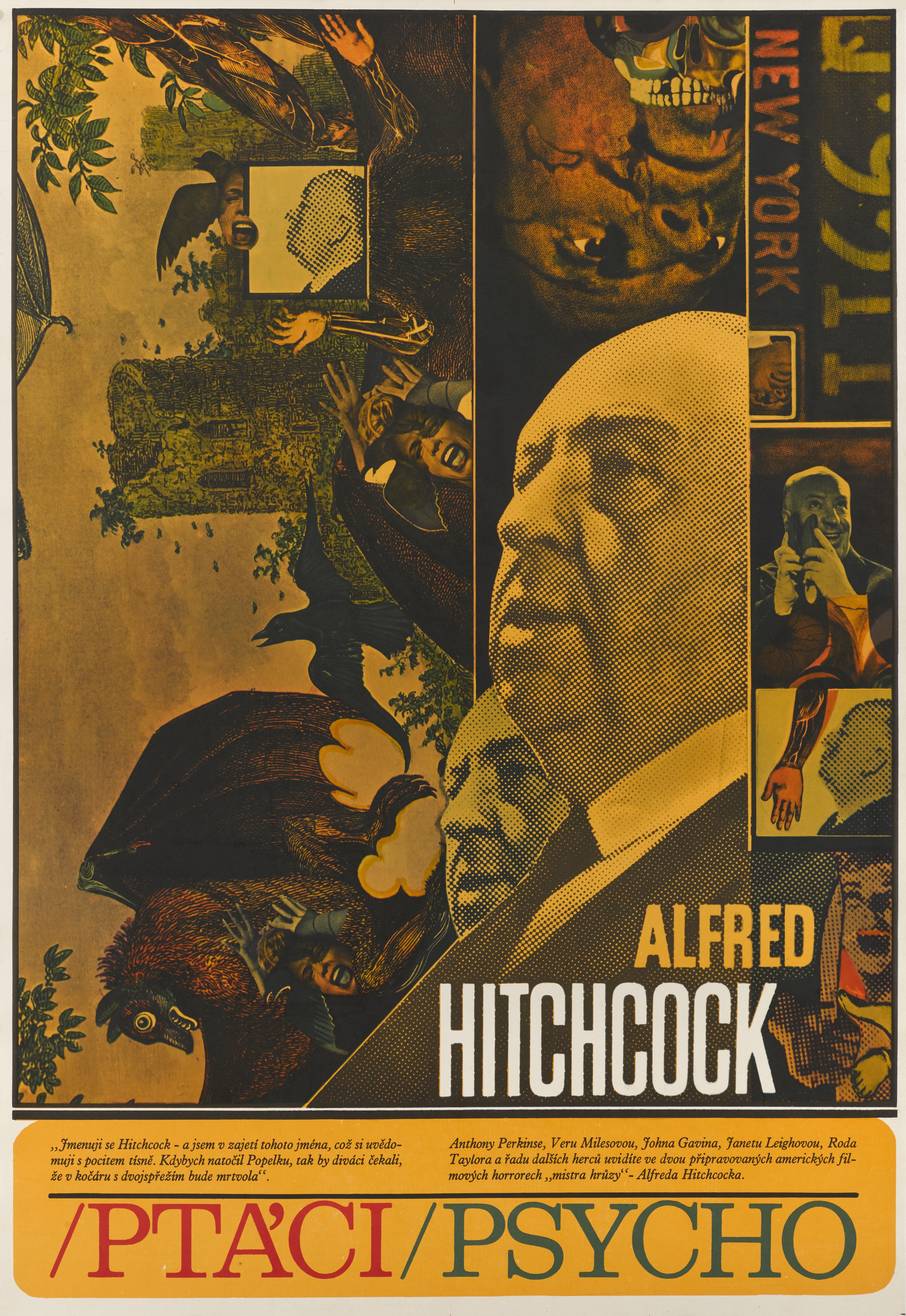 Poster cinematografico originale cecoslovacco per la doppia uscita di The Birds e Psycho.
Questo poster è stato utilizzato per la proiezione di questi due classici di Hitchcock nel 1970.
La meravigliosa opera d'arte di questo poster è di Zdenek