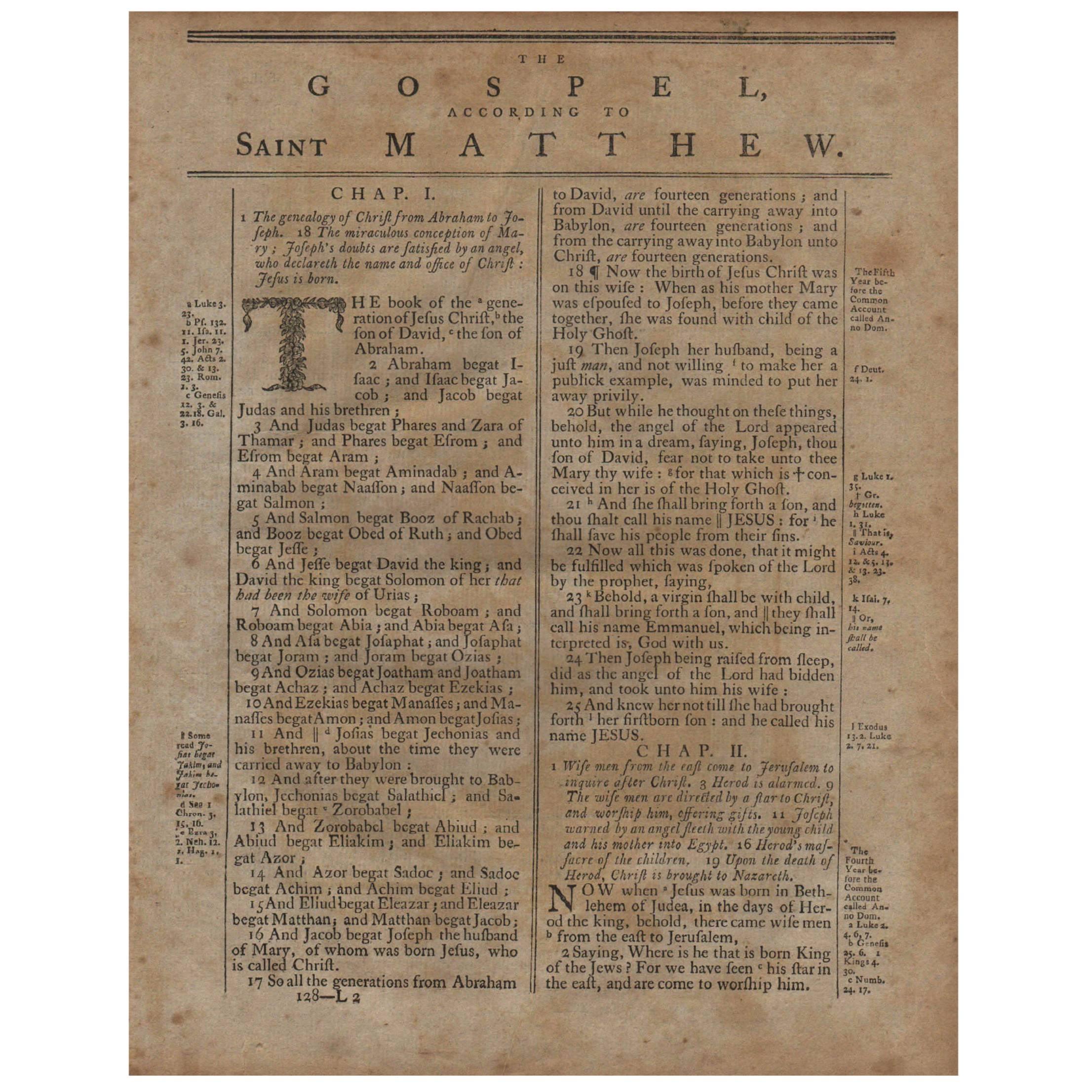 The Birth of Jesus, Matthew 1, 1791 King James 
Isaiah Thomas
 Bible For Sale