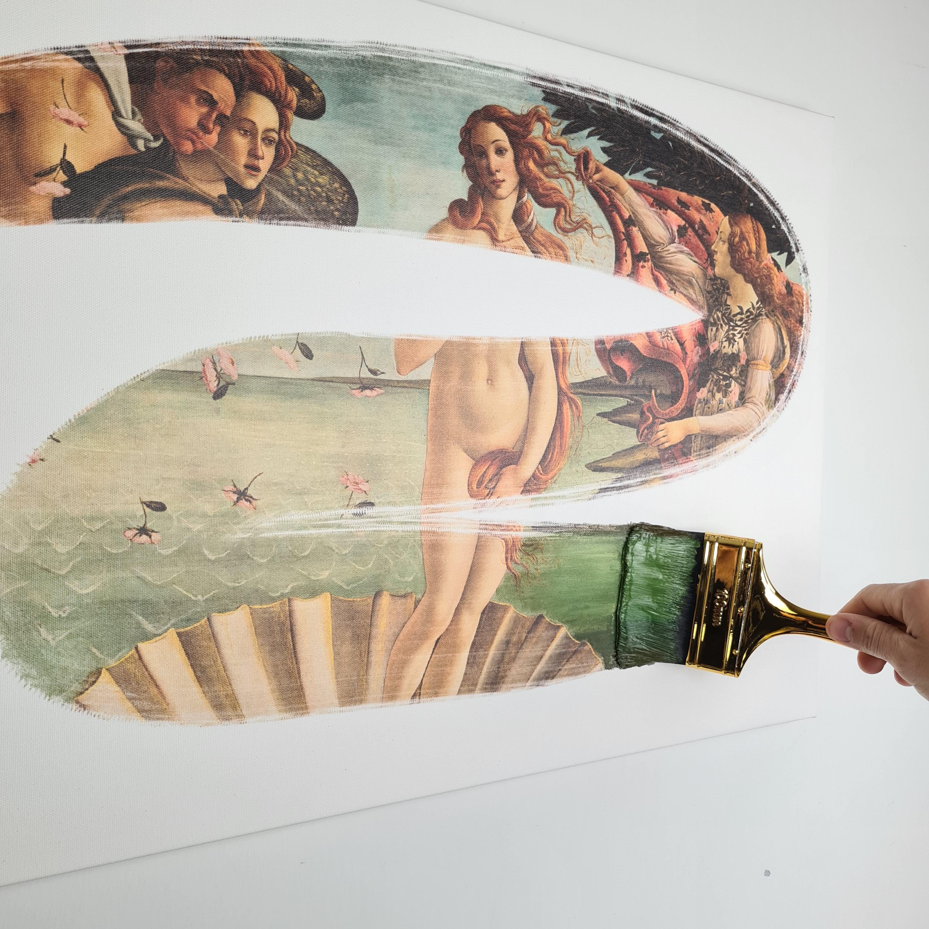 „Die Geburt der Venus“, Botticelli- Kopie auf Leinwand, handgefertigt in Italien, 2021 (Handgefertigt) im Angebot