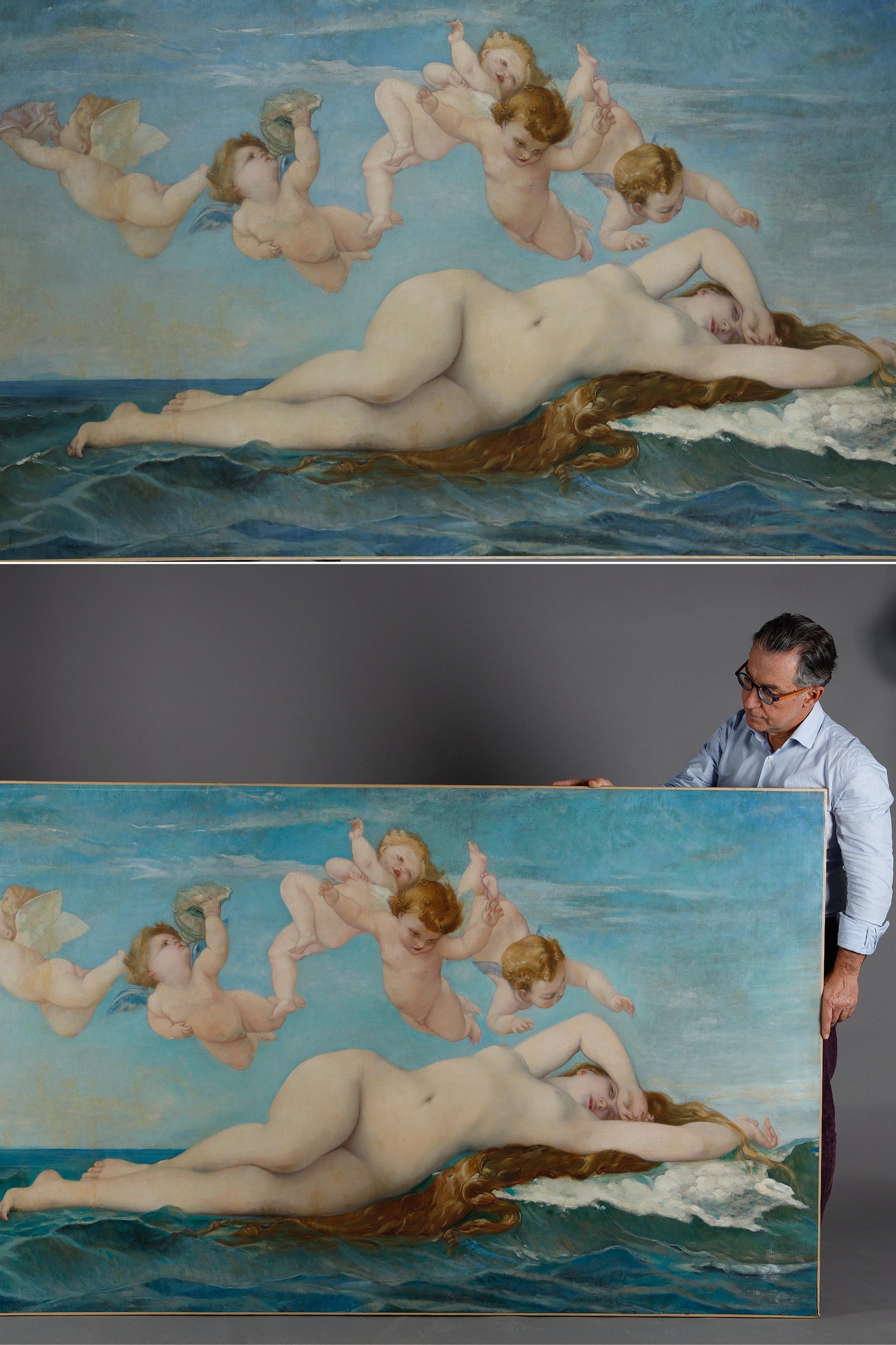 Très grande huile sur toile signée Ernest PRUNET, 1840-1901, d'après l'oeuvre originale d'Alexandre Cabanel La naissance de Vénus exposée au musée d'Orsay, sur le thème de Vénus anadyomène. La toile originale a été exposée au Salon de 1863, a connu