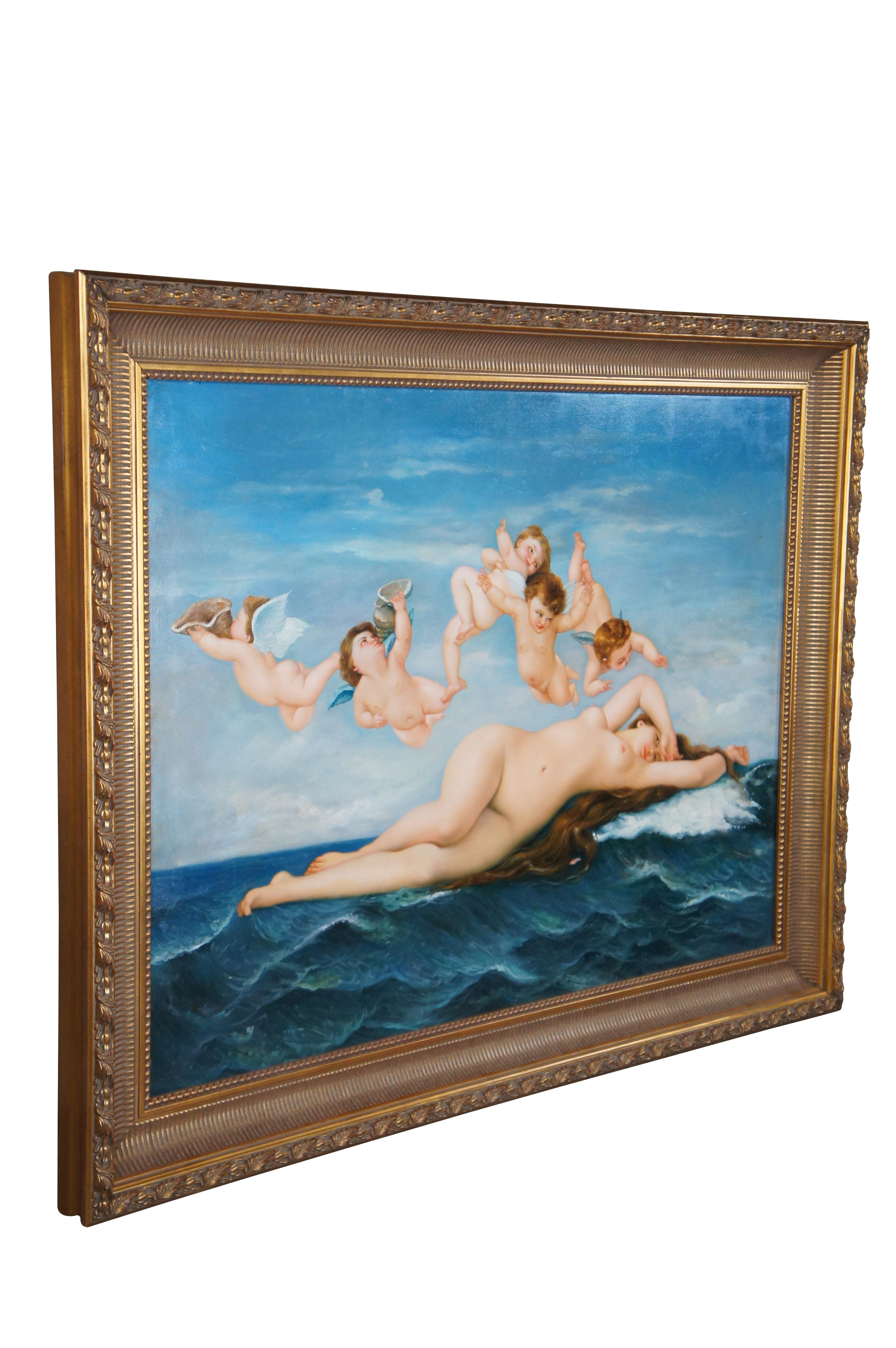 Hand painted reproduction of the Birth of Venus by Alexandre Cabanel.  The oil painting is on canvas and framed in a neoclassical design with gold finish.

The Birth of Venus was one of the great successes of the 1863 Salon where it was bought by