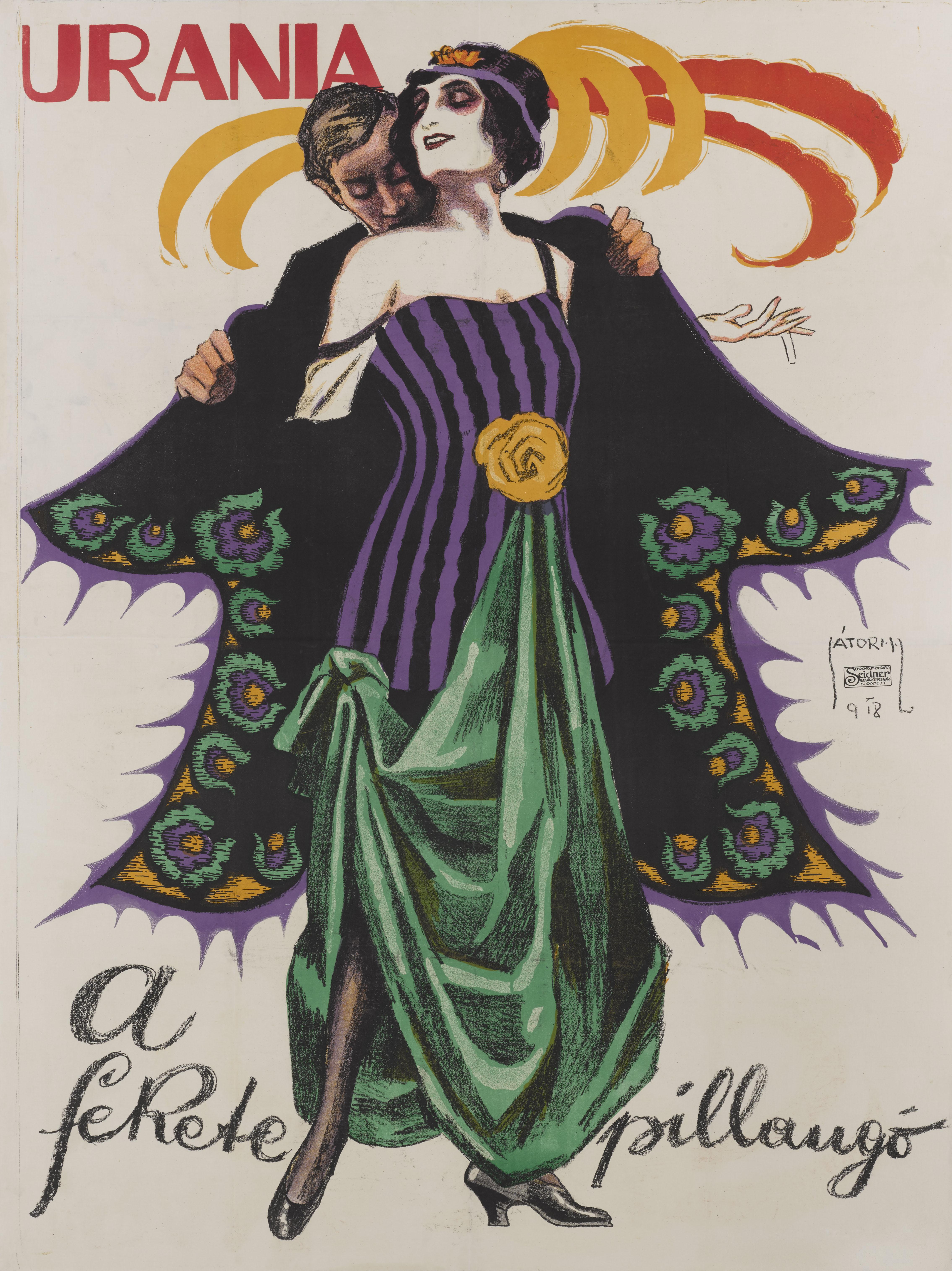 An incredibly rare original Hungarian film poster for the 1916 silent drama The Black Butterfly. This film was directed by Burton L. King and starred Olga Petrova, Mahlon Hamilton and Tony Merlo. The poster was designed by the Hungarian artist Lipot