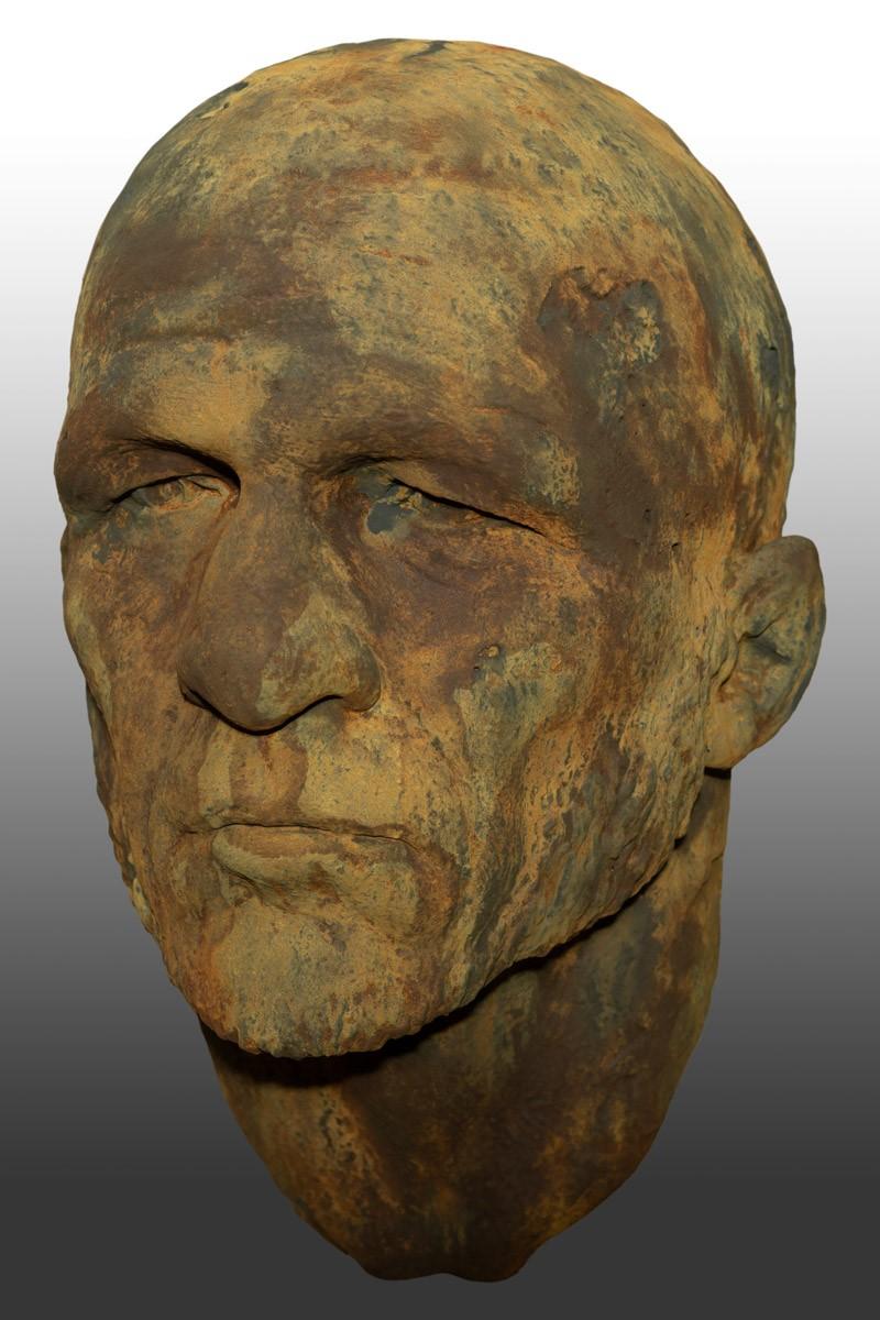 This extraordinary sculptural portrait head takes its beginnings from classical antiquity. Attention to detail and complete understanding of the human figure are evident. The sculpture, which is made of resin and patinaed with a rusted iron can be