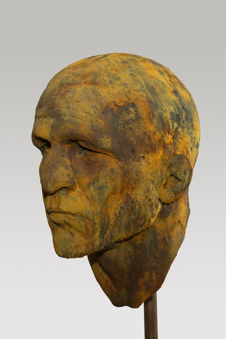 Cast The Black Road: Iron, Classical Male Bust, Resin Sculpture with Rust Iron Patina For Sale