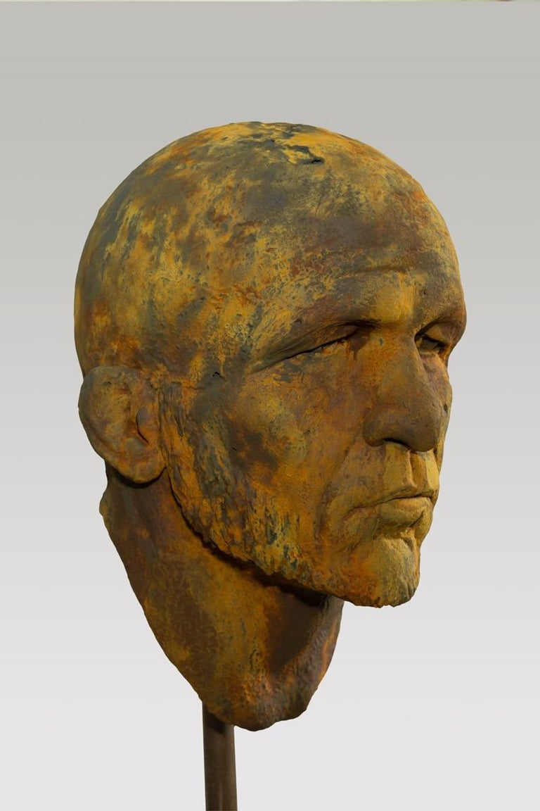 The Black Road: Iron, Classical Male Bust, Resin Sculpture with Rust Iron Patina For Sale 1