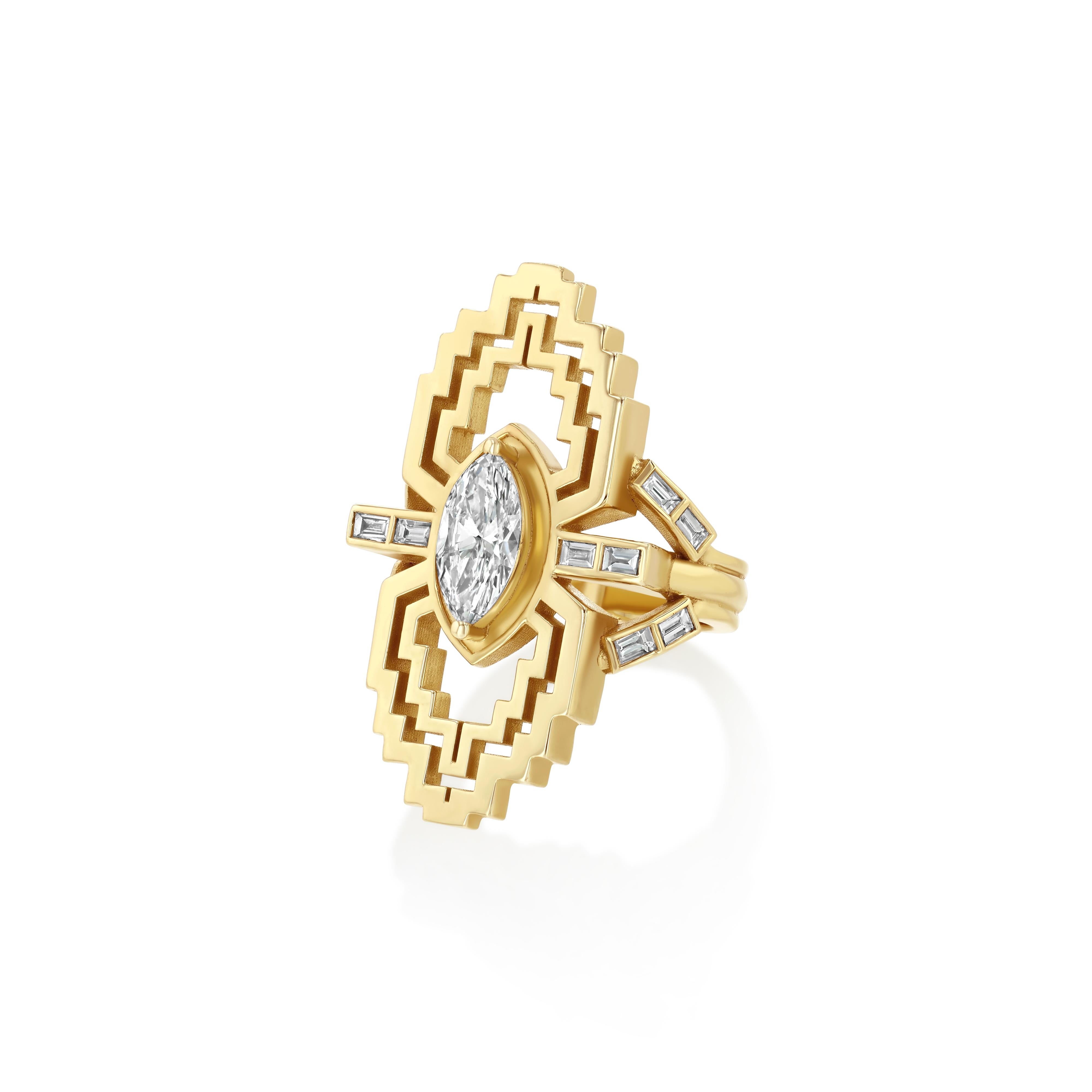 A 1ct marquise natural diamond with a further 0.7cts in baguettes studding the arms, all handcrafted in 18k recycled gold creating a maze-like effect elongating along the finger. 
The maze rings are an elevated take on geometric precision. The Bling