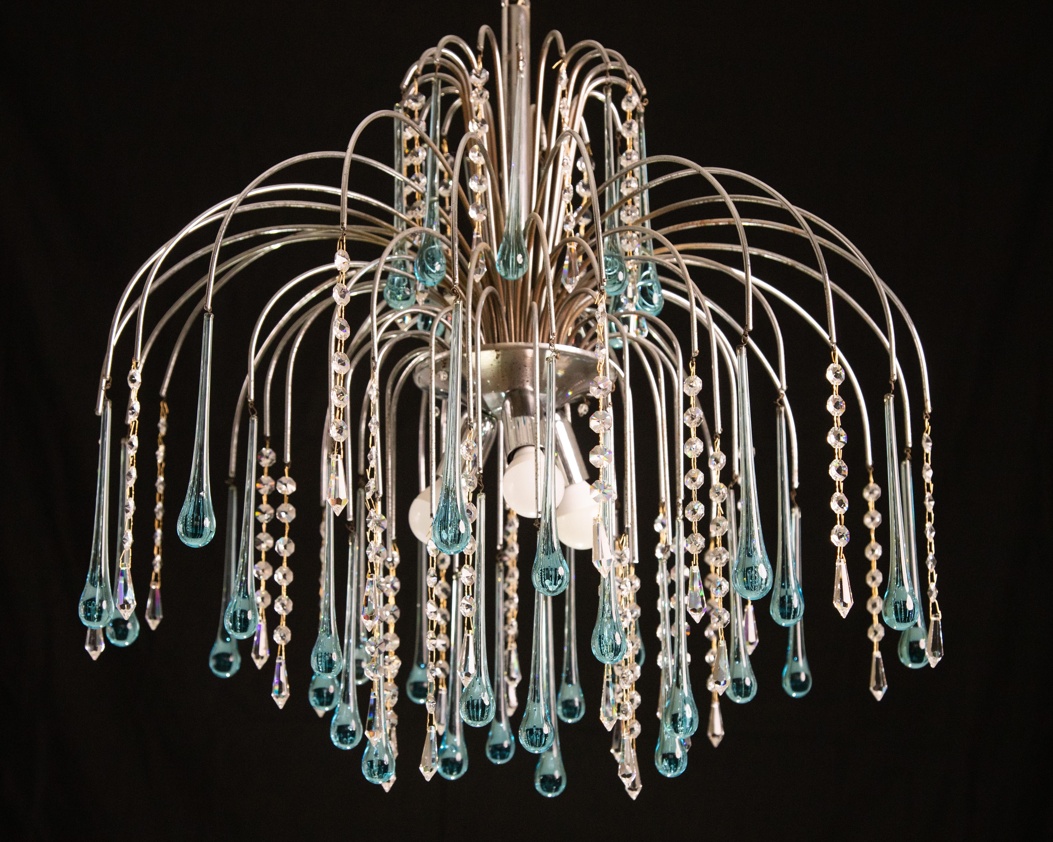The Blue Crown, Murano Chandelier Blue and Crystal Drops, 1970s For Sale 5