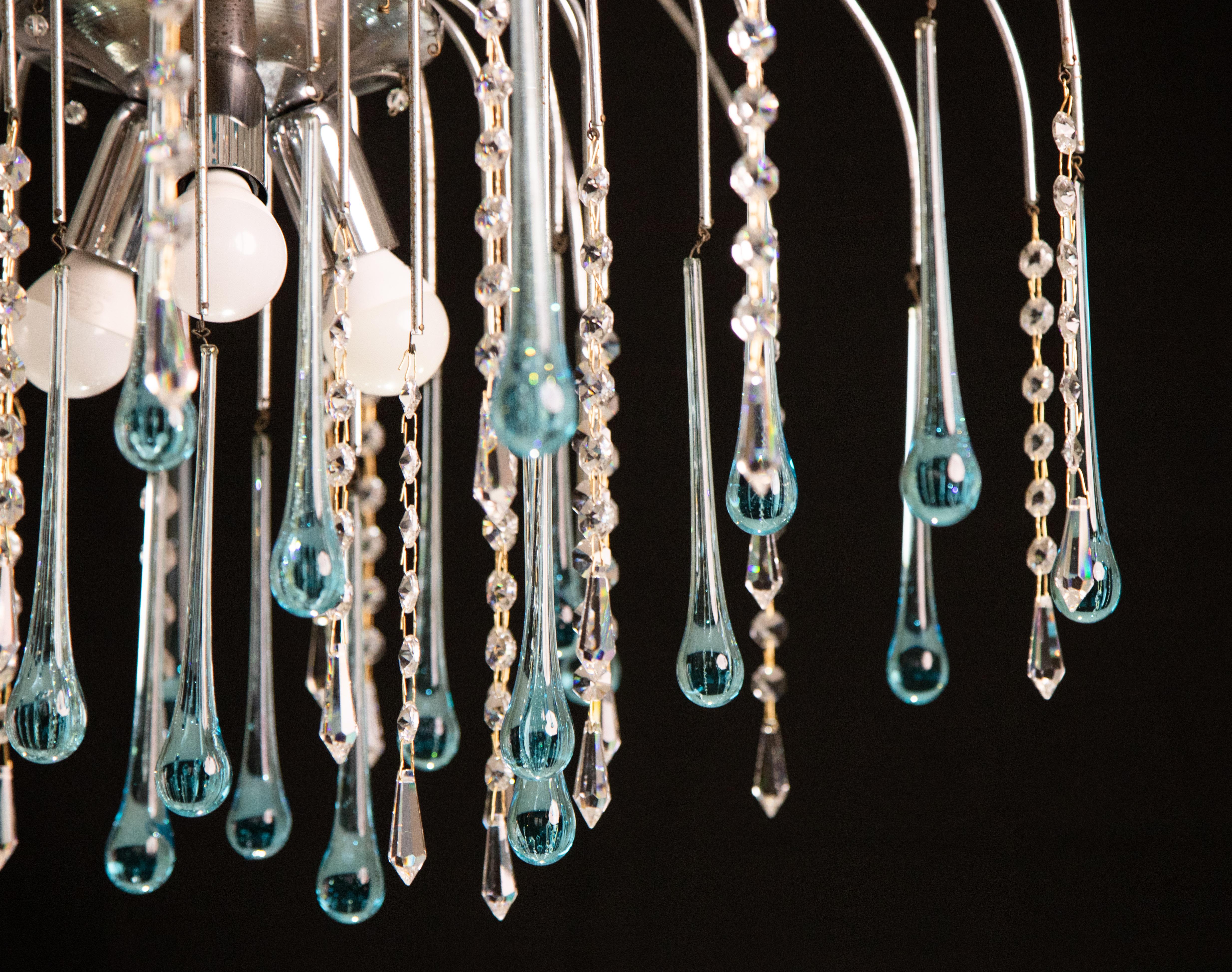 The Blue Crown, Murano Chandelier Blue and Crystal Drops, 1970s For Sale 6