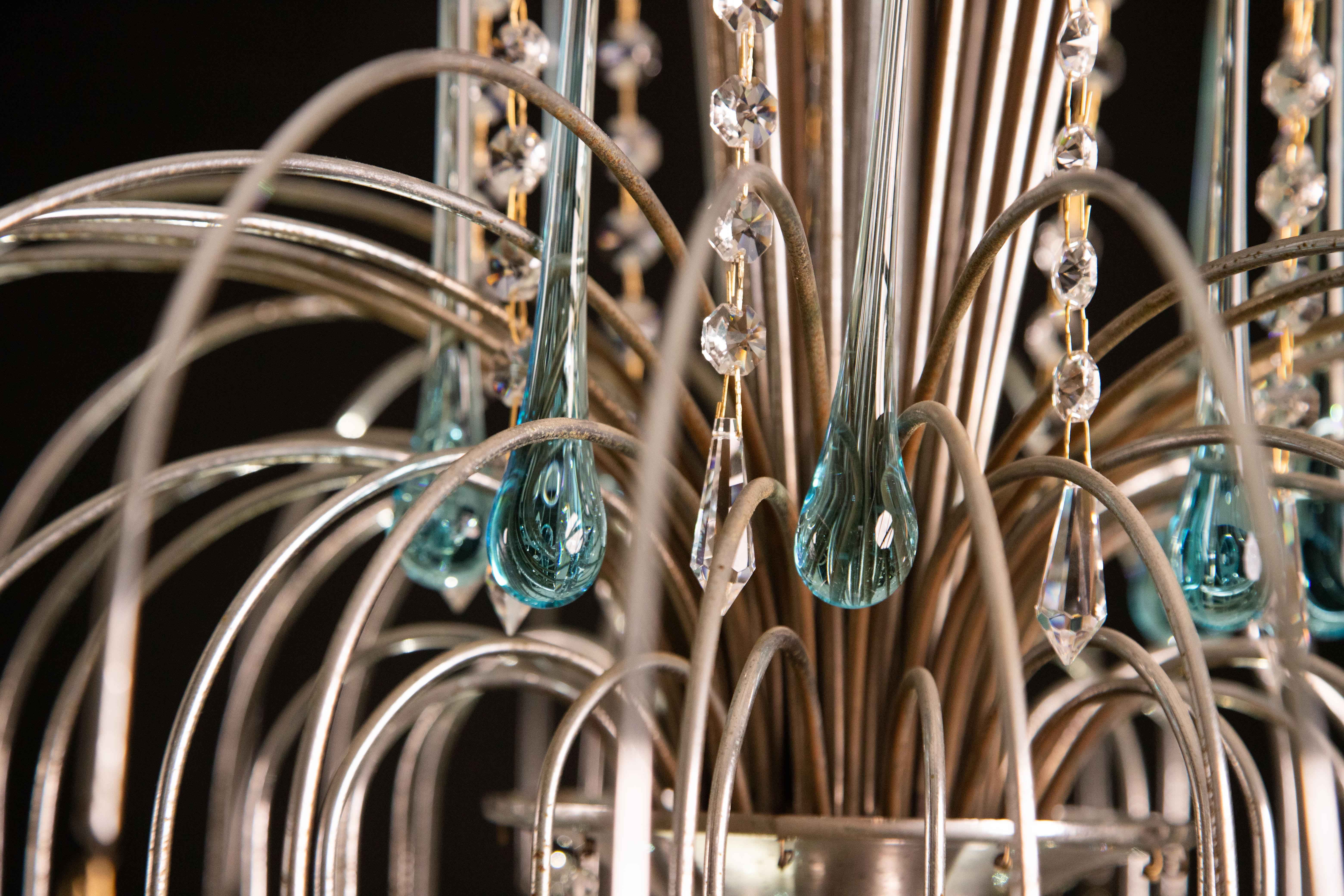 The Blue Crown, Murano Chandelier Blue and Crystal Drops, 1970s For Sale 7