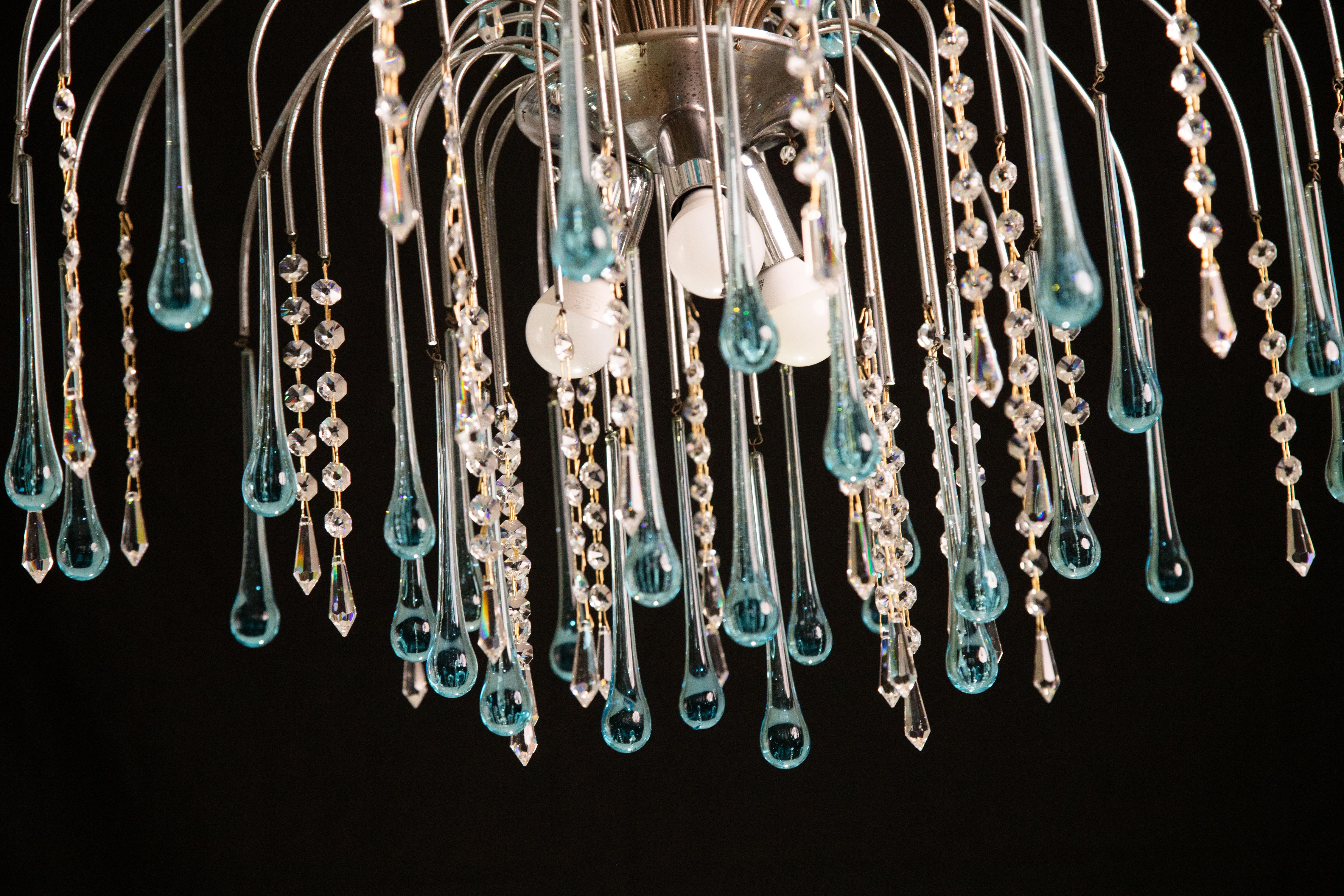 The Blue Crown, Murano Chandelier Blue and Crystal Drops, 1970s For Sale 8